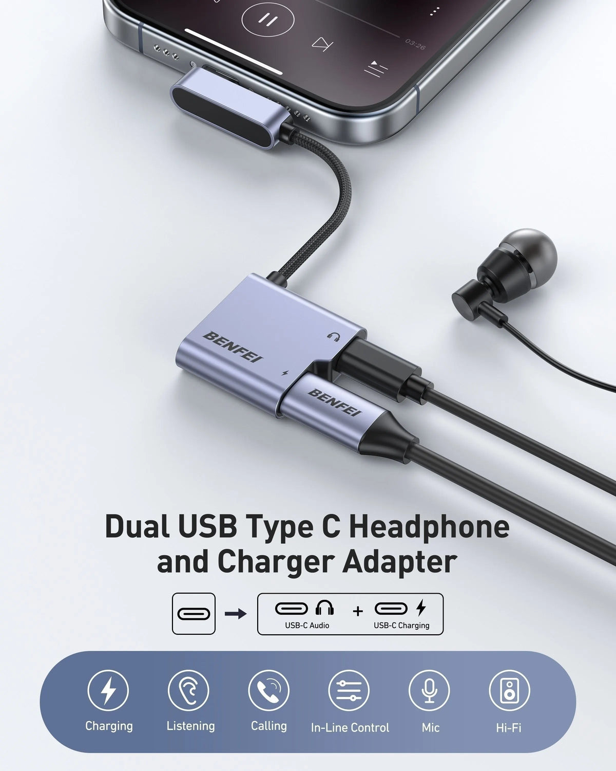 BENFEI 000413GY USB-C to USB-C Audio Headphone + Data Transfer and Charging Adapter - Image 3