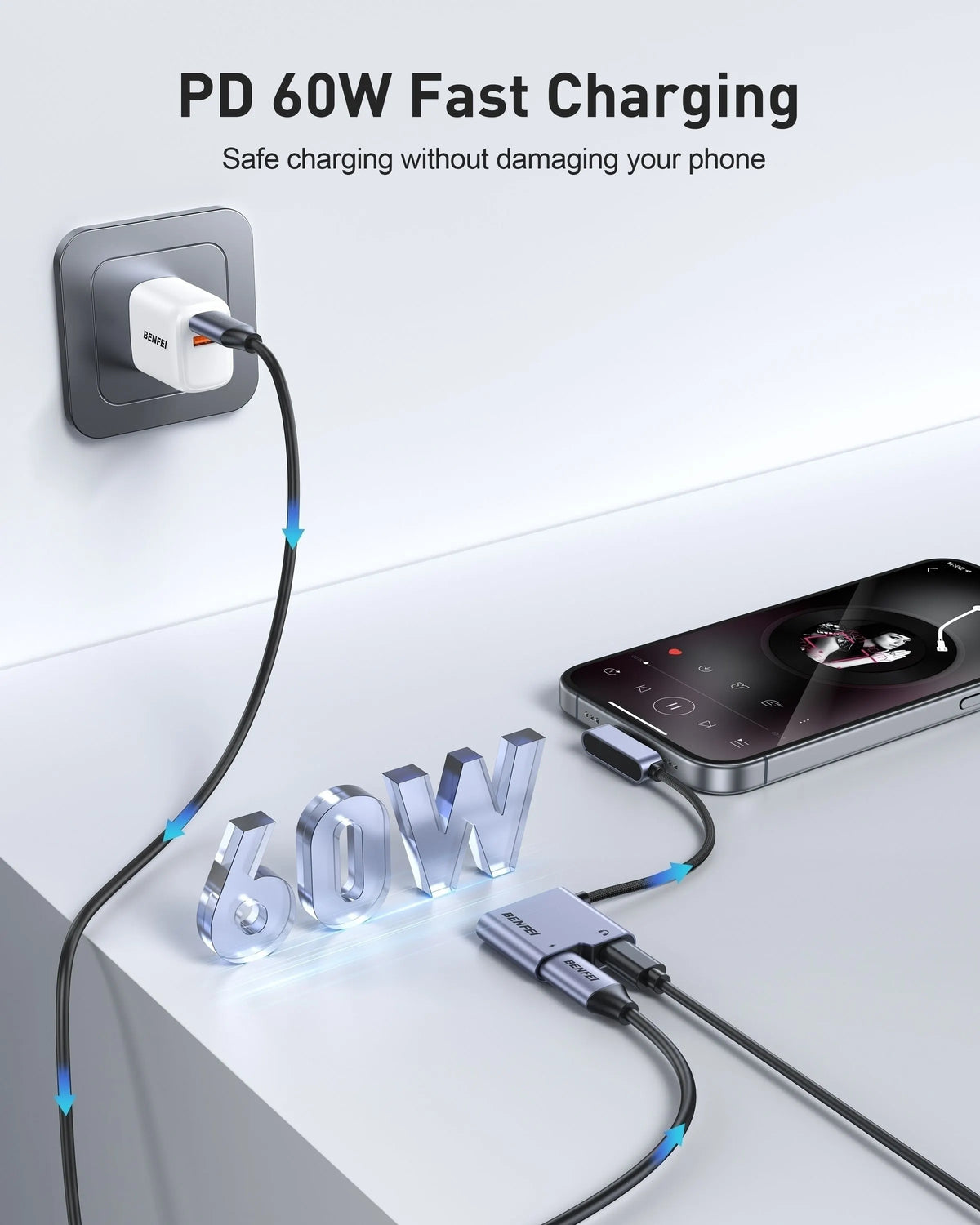 BENFEI 000413GY USB-C to USB-C Audio Headphone + Data Transfer and Charging Adapter - Image 4