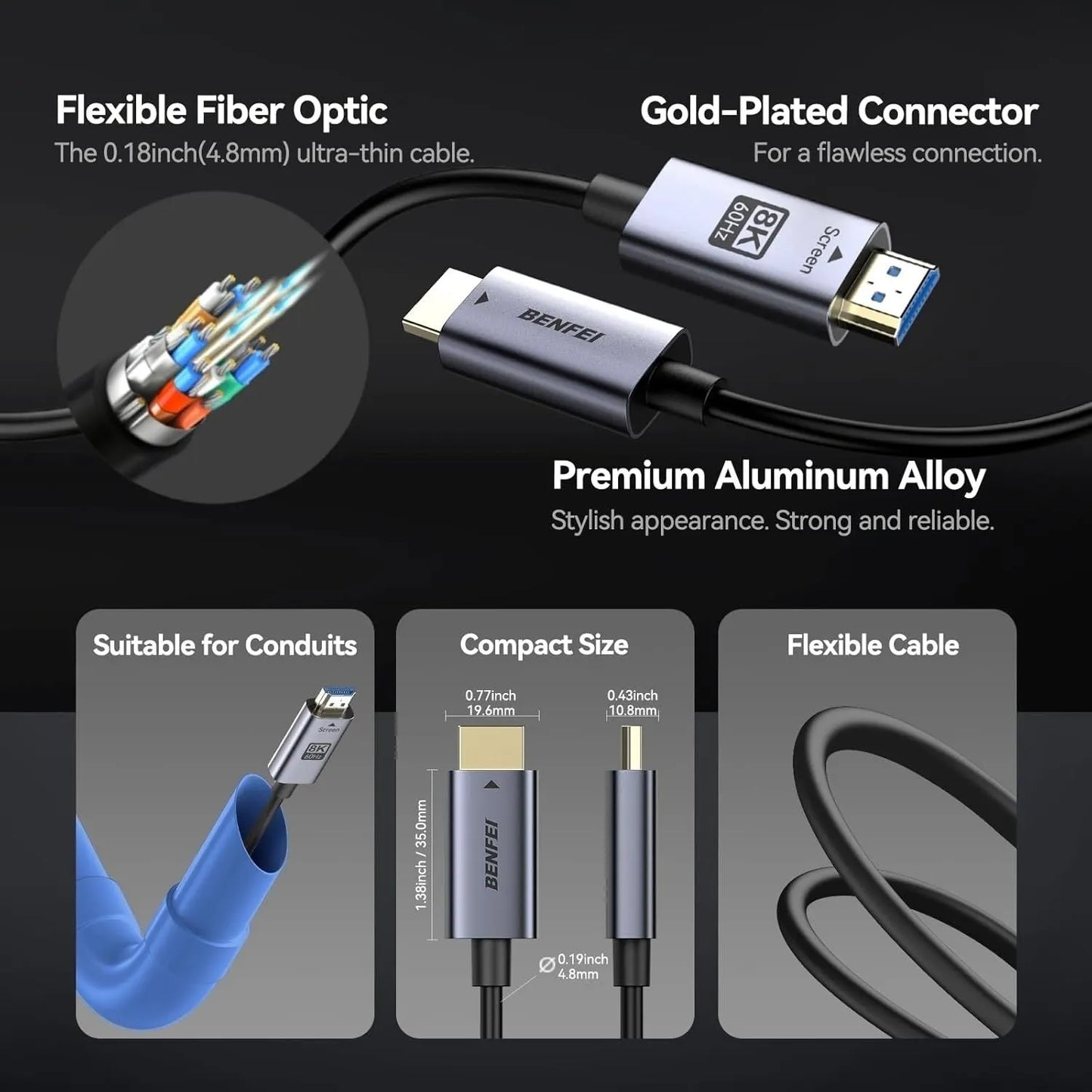 BENFEI 000450GY-100F 8K HDMI 2.1 Fiber Optic Cable 100ft 48Gbps 4K240Hz CL3 eARC HDR - Image 3