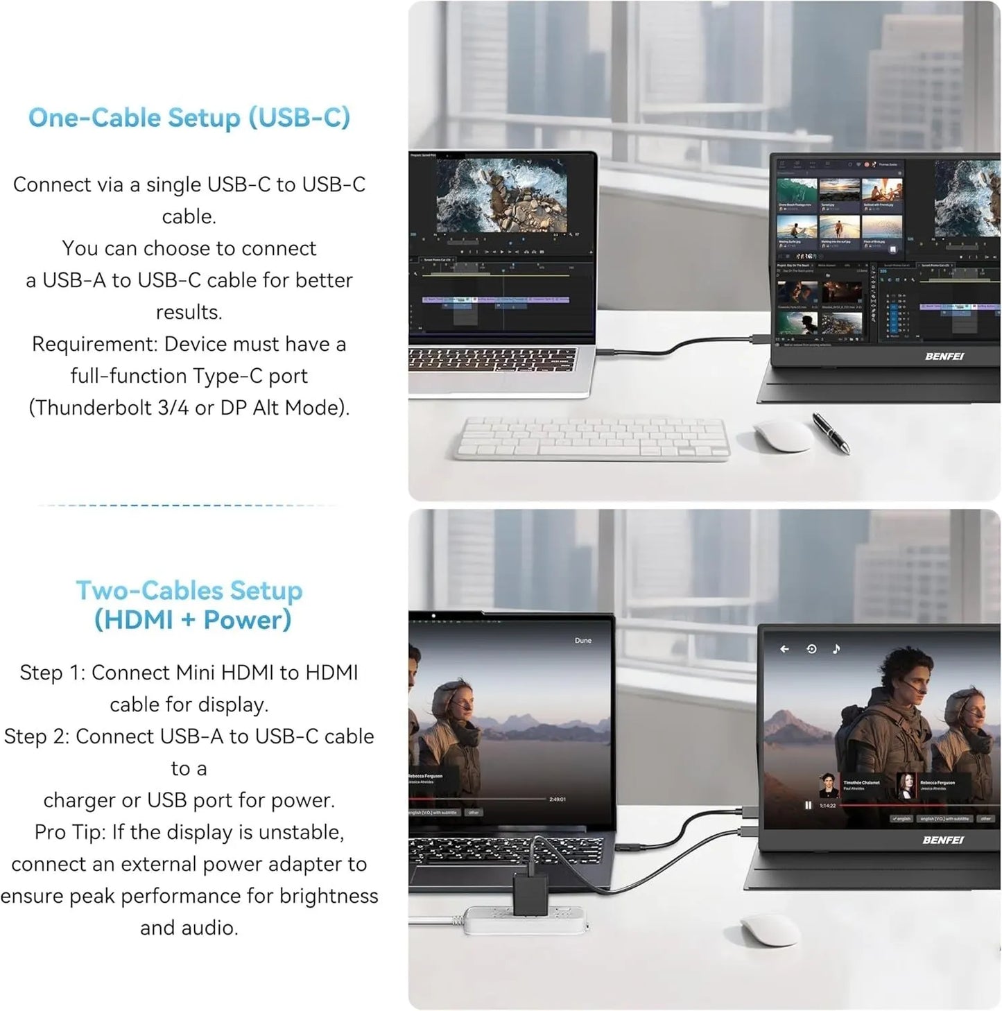 BENFEI 000451BK 15.6" FHD Portable Monitor USB-C HDMI IPS HDR Gaming Display w/ Speakers - Image 5