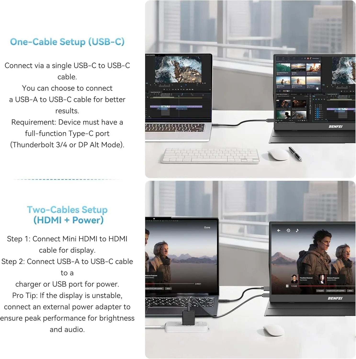 BENFEI 000451BK 15.6" FHD Portable Monitor USB-C HDMI IPS HDR Gaming Display w/ Speakers - Image 5