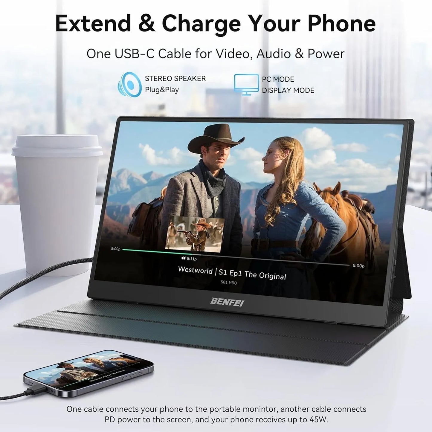BENFEI 000451BK 15.6" FHD Portable Monitor USB-C HDMI IPS HDR Gaming Display w/ Speakers - Image 6