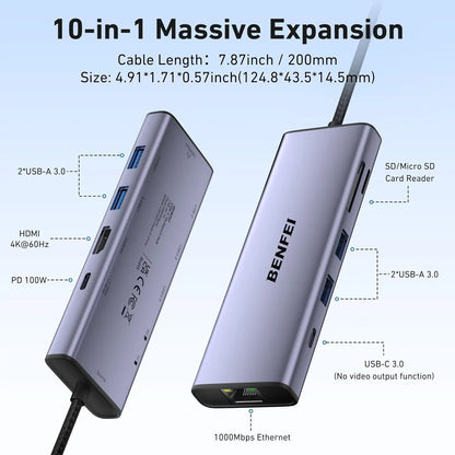 BENFEI 000495GY 10-in-1 USB C Hub 4K HDMI + RJ45 + 100W PD + USB-C + USB x 4 +TF/SD Reader - Image 2