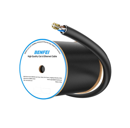 BENFEI 000704BK-305MS Pure Copper Cat 6 Cable 305M-Waterproof Black PE+PVC (Shielded) Double-Layer Jacket
