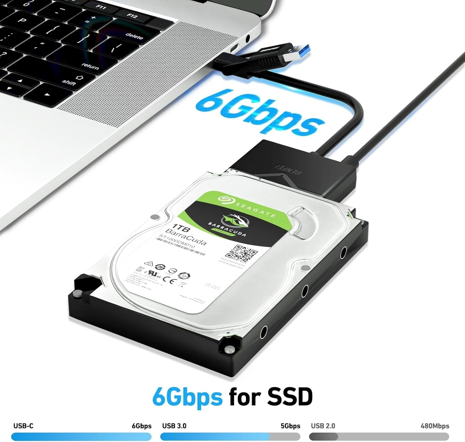BENFEI 221BK USB 3.0 to SATA III Hard Drive Adapter for 2.5/3.5-inch HDD/SSD with 12V/2A Power Adapter, Support UASP - Image 3