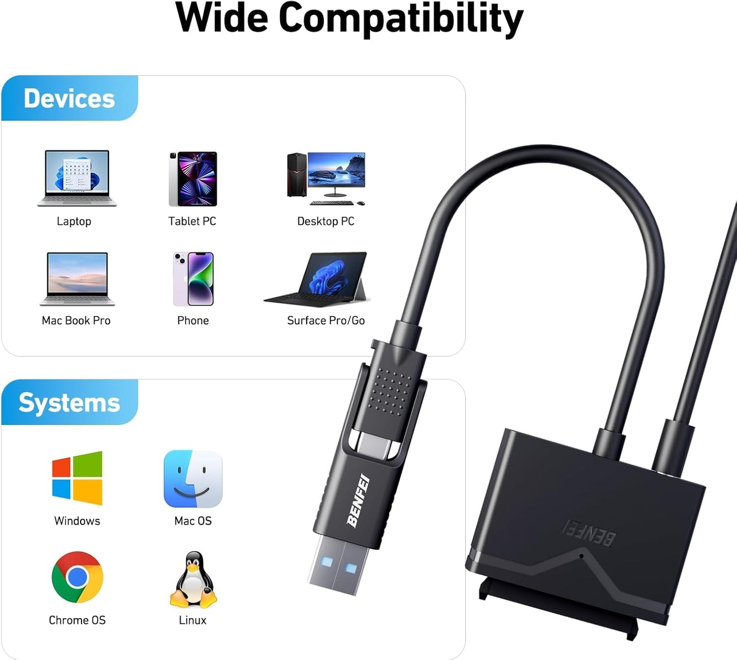 BENFEI 221BK USB 3.0 to SATA III Hard Drive Adapter for 2.5/3.5-inch HDD/SSD with 12V/2A Power Adapter, Support UASP - Image 6