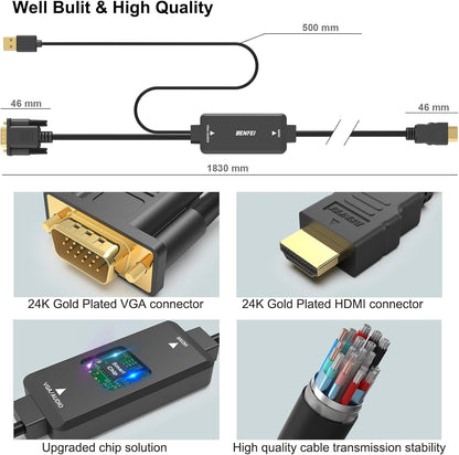 BENFEI 324BK VGA to HDMI Cable with Audio, 1080P Uni-Directional 1.8M - Image 6