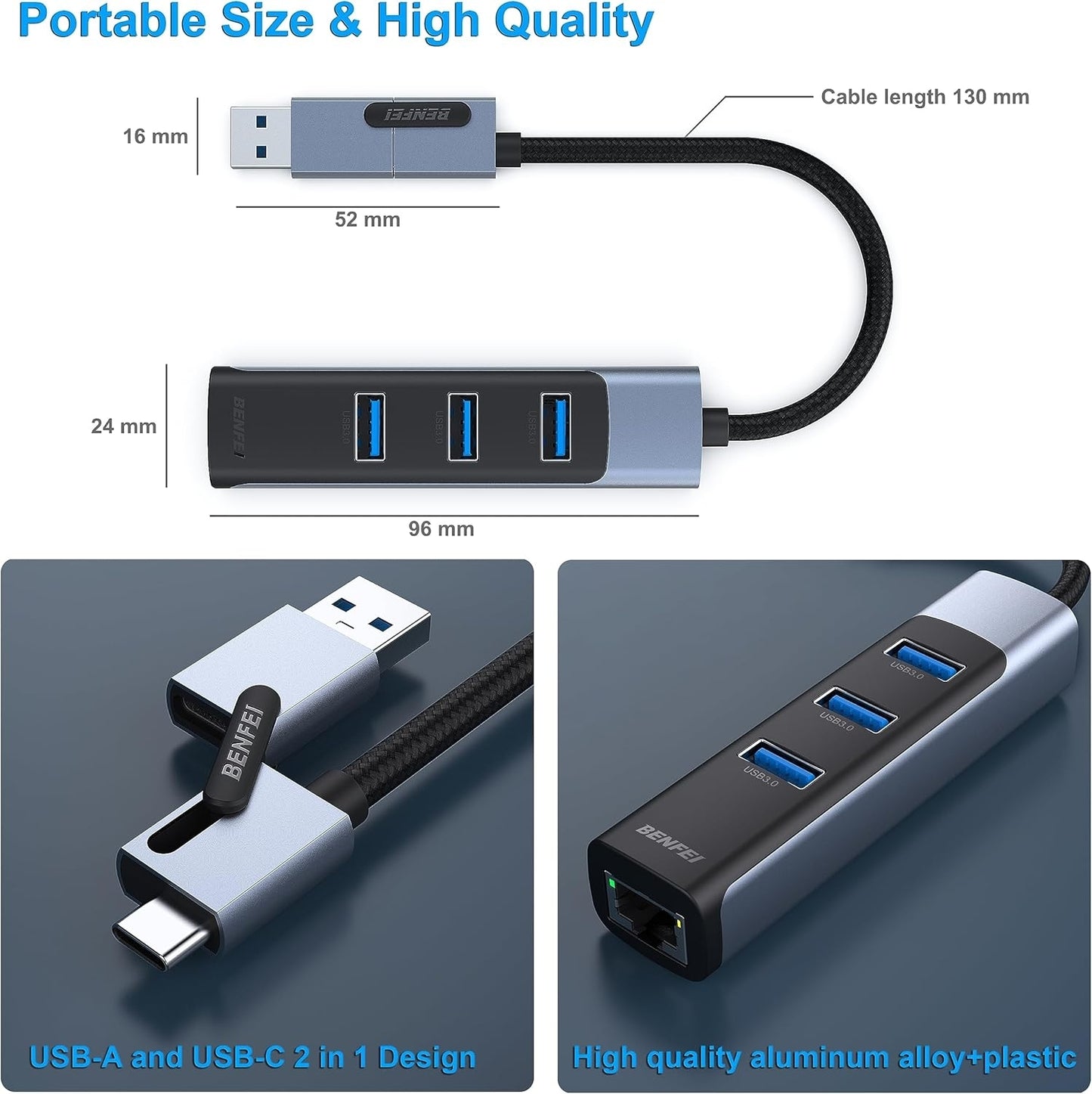 BENFEI 350GY 2-in-1 USB-C+USB 3.0 to RJ45 Gigabit Ethernet Port + 3-Port USB 3.0 HUB - Image 5