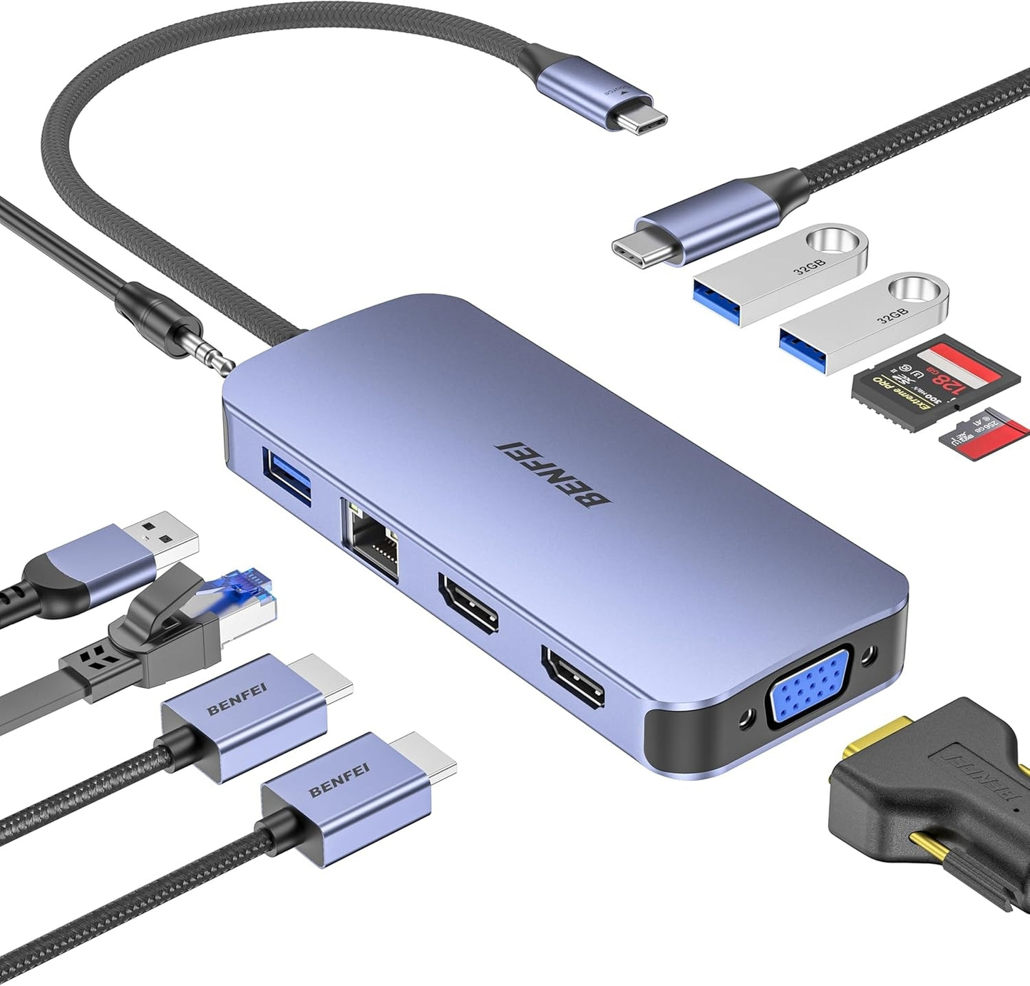 BENFEI 000359GY  11-in-1 USB C Hub Triple Display Docking Station Dual HDMI, VGA, 3xUSB 3.0, 10Gbps