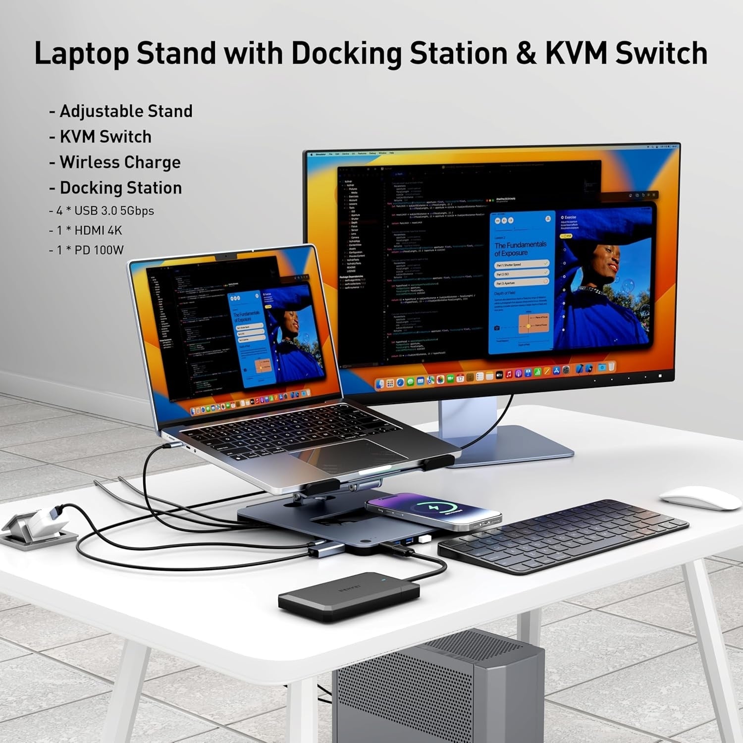 BENFEI 000366GY Laptop Stand with USB C Hub, Multi Function With USB and KVM Switch and 15W Wireless Charger - Image 2