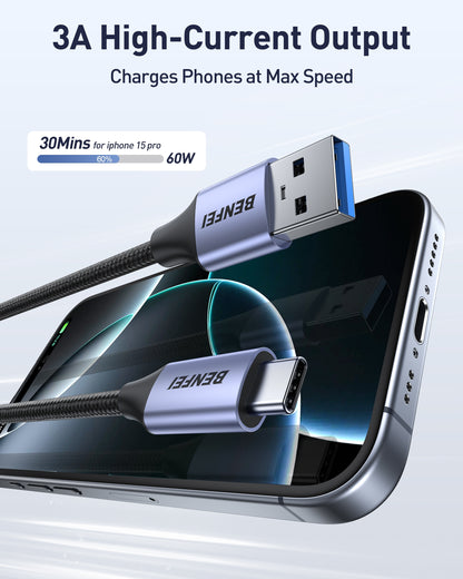 BENFEI 369GY 3M USB 3.0 to USB C Cable, 5Gbps High-Speed Data Sync & 3A Charging - Image 2