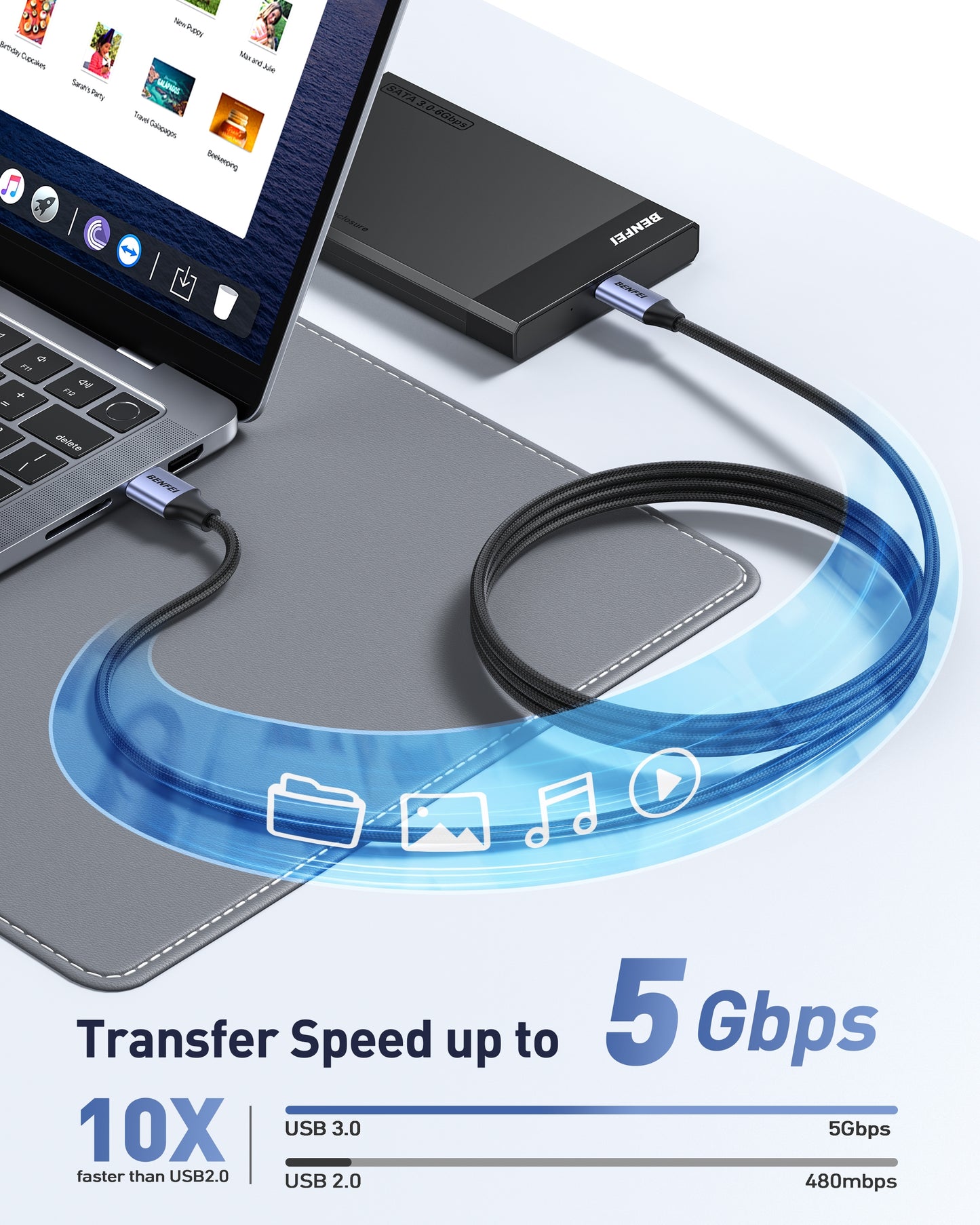 BENFEI 369GY 3M USB 3.0 to USB C Cable, 5Gbps High-Speed Data Sync & 3A Charging - Image 4