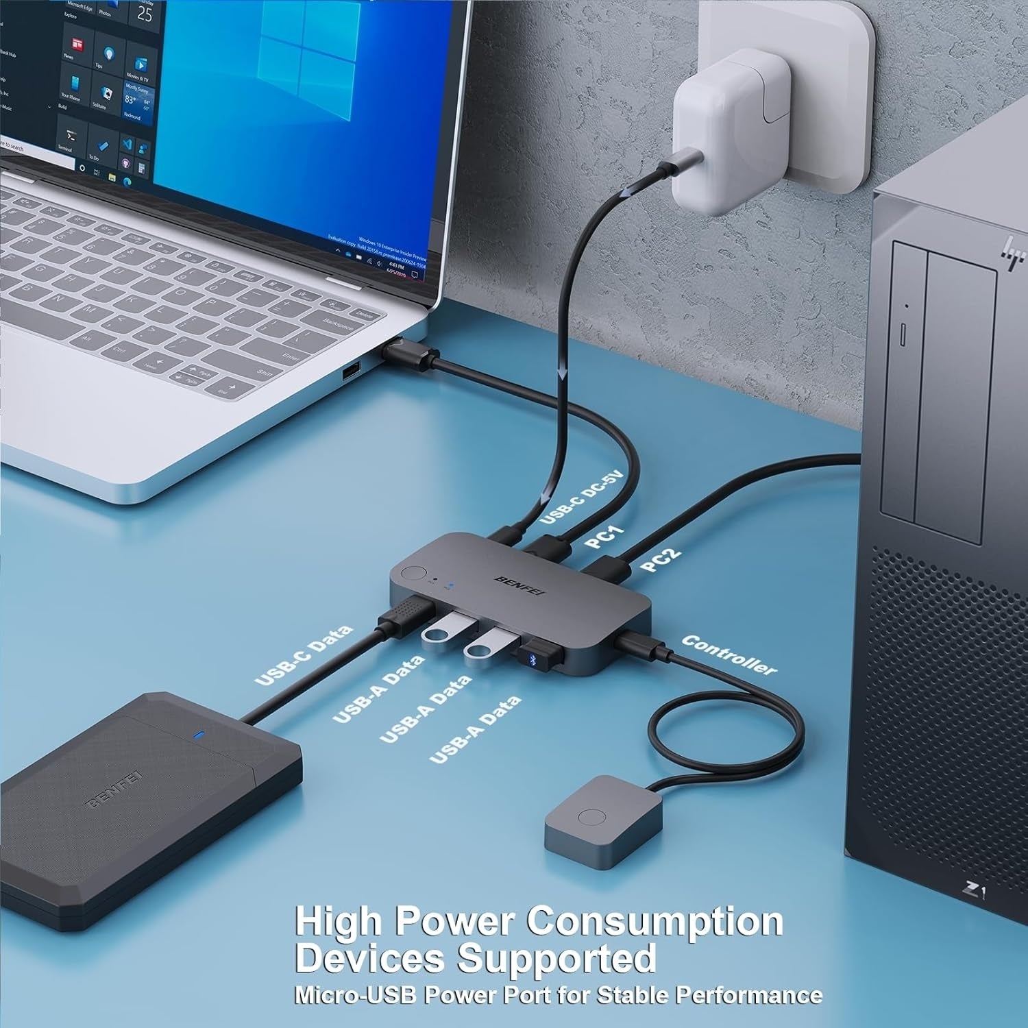 BENFEI 000376BK USB 3.0 Switch, USB Switcher 2 Computers Share 3xUSB 3.0 and 1xUSB C with Remote - Image 2