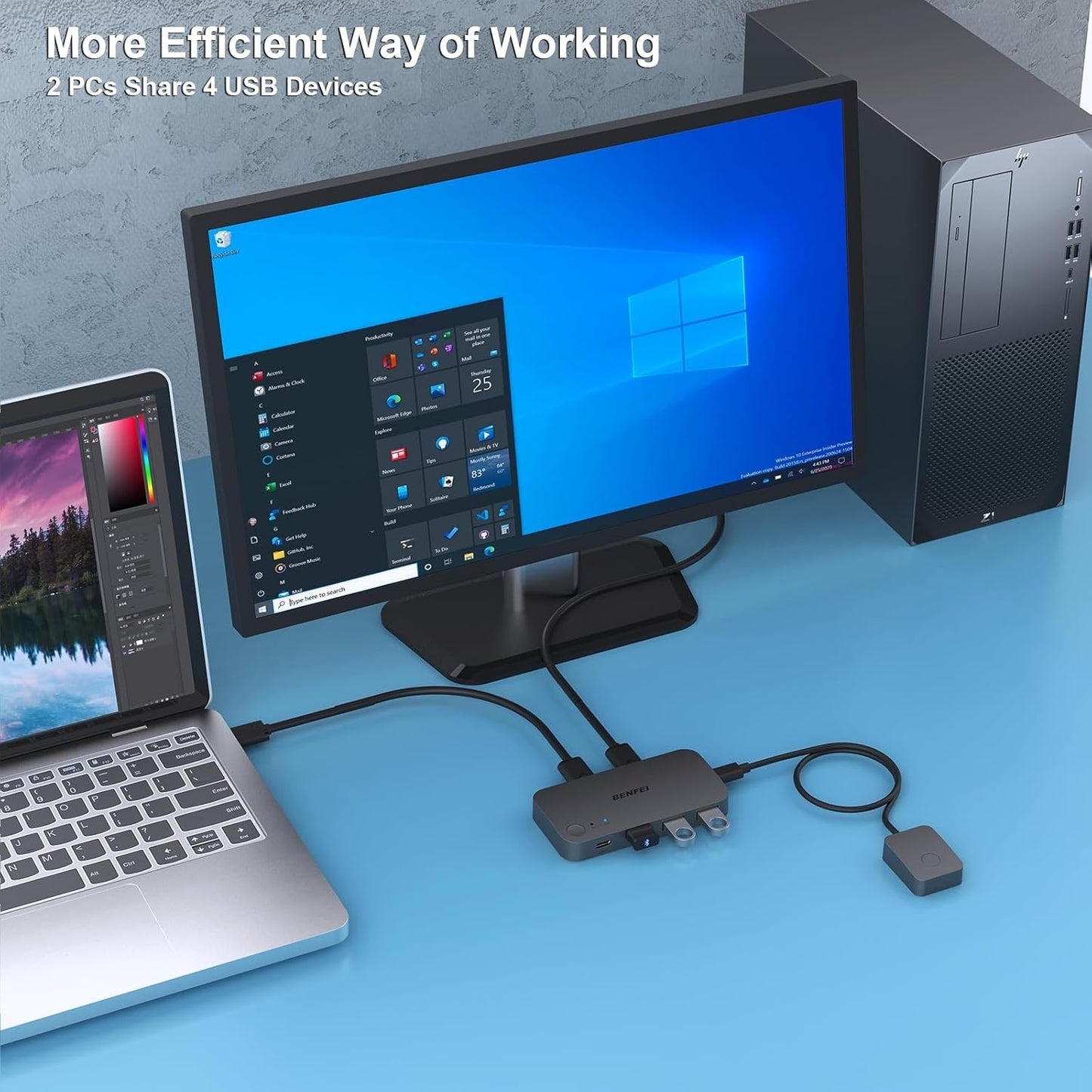 BENFEI 000376BK USB 3.0 Switch, USB Switcher 2 Computers Share 3xUSB 3.0 and 1xUSB C with Remote - Image 3
