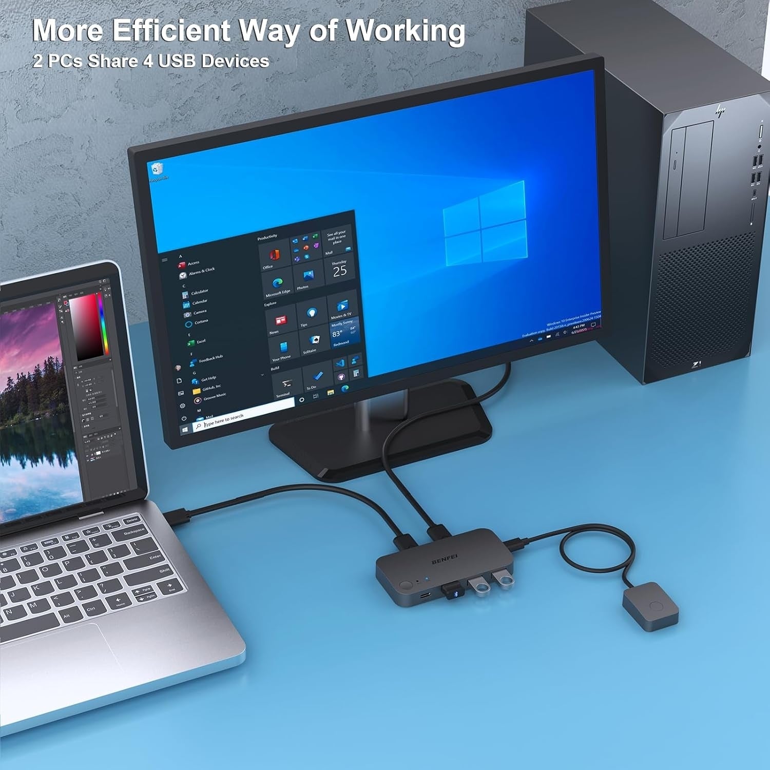 BENFEI 000376BK USB 3.0 Switch, USB Switcher 2 Computers Share 3xUSB 3.0 and 1xUSB C with Remote - Image 3