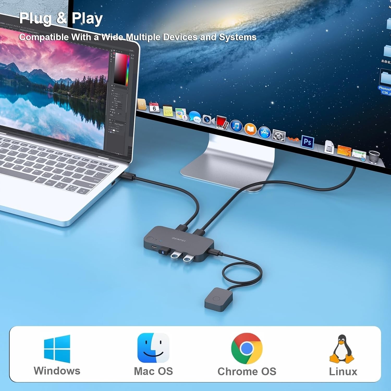BENFEI 000376BK USB 3.0 Switch, USB Switcher 2 Computers Share 3xUSB 3.0 and 1xUSB C with Remote - Image 6