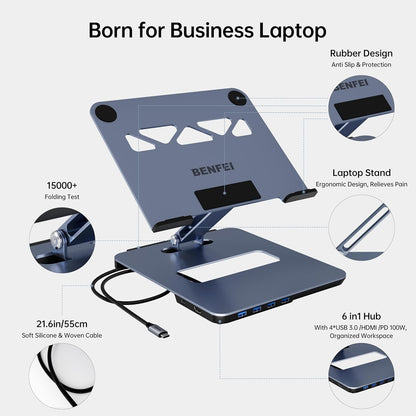 BENFEI 380GY Laptop Stand with USB C 6 in1 4K@60Hz HDMI, 4 x USB3.0, 100W PD Docking Station - Image 2