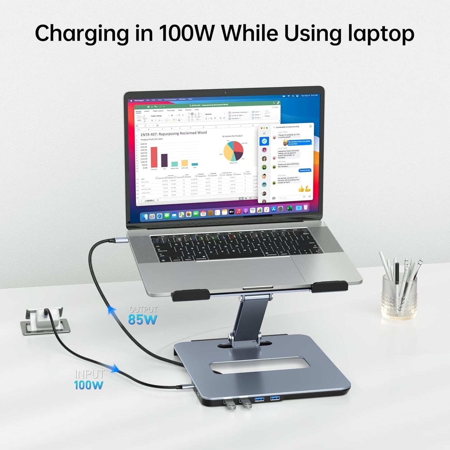BENFEI 380GY Laptop Stand with USB C 6 in1 4K@60Hz HDMI, 4 x USB3.0, 100W PD Docking Station - Image 3
