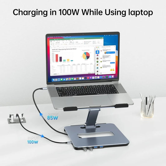BENFEI 380GY Laptop Stand with USB C 6 in1 4K@60Hz HDMI, 4 x USB3.0, 100W PD Docking Station - Image 3