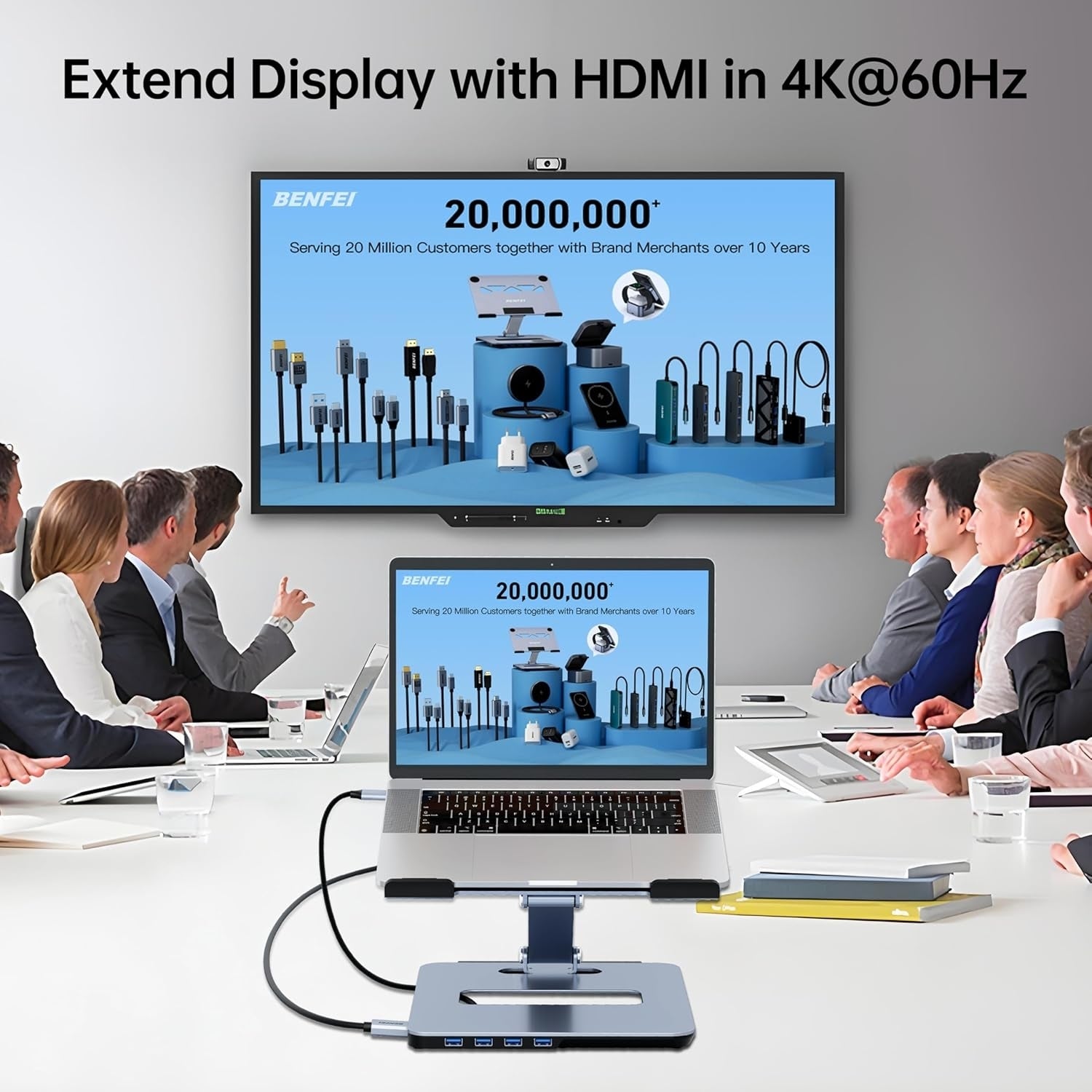 BENFEI 380GY Laptop Stand with USB C 6 in1 4K@60Hz HDMI, 4 x USB3.0, 100W PD Docking Station - Image 6