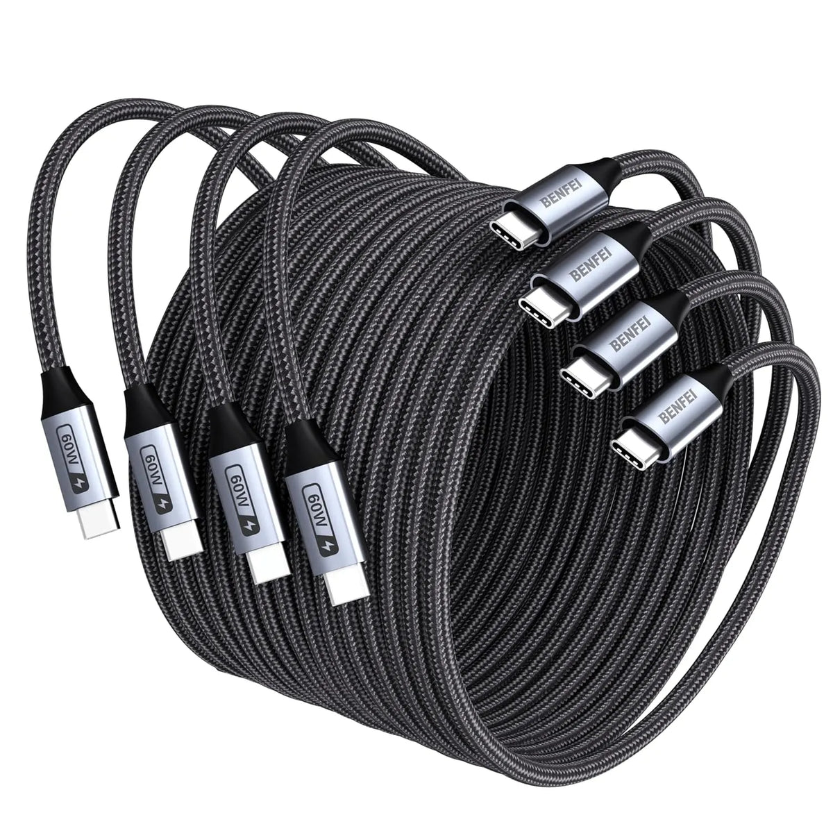 BENFEI 000382GY-4P USB C Fast Charging 60W Cable, 4-Pack(3.3ft/1M x 2 + /6.6ft/2M x 2) Nylon Braided Cable for I-phone 15/16/17 and Samsung / Google phone.