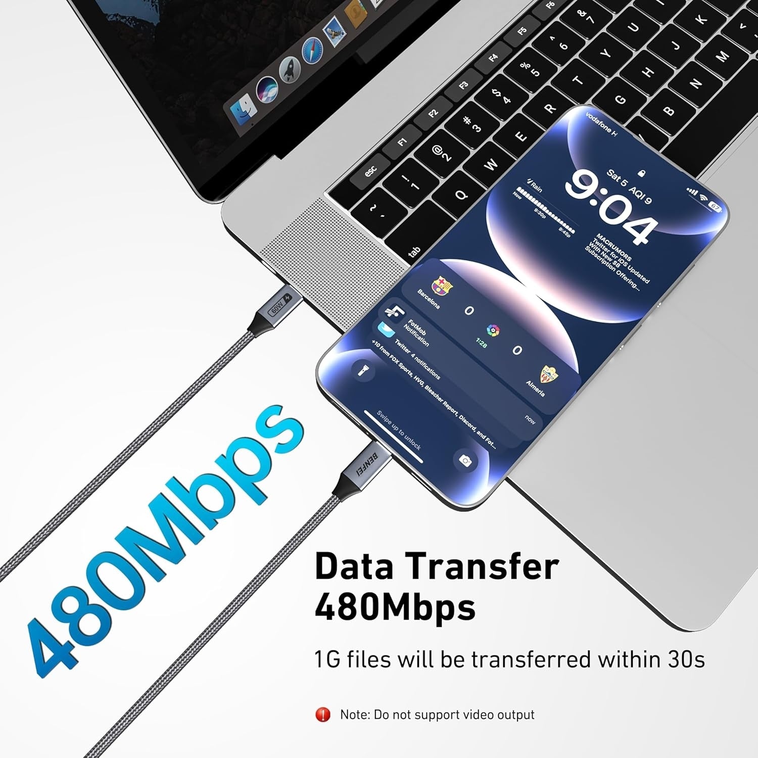 BENFEI 000383GY USB-C to USB-C Cable (4K@120Hz), 100W PD Fast Charging, 10Gbps Data Transfer for I-phone 15/16/17 and Samsung / Google phone 1M  - Image 4