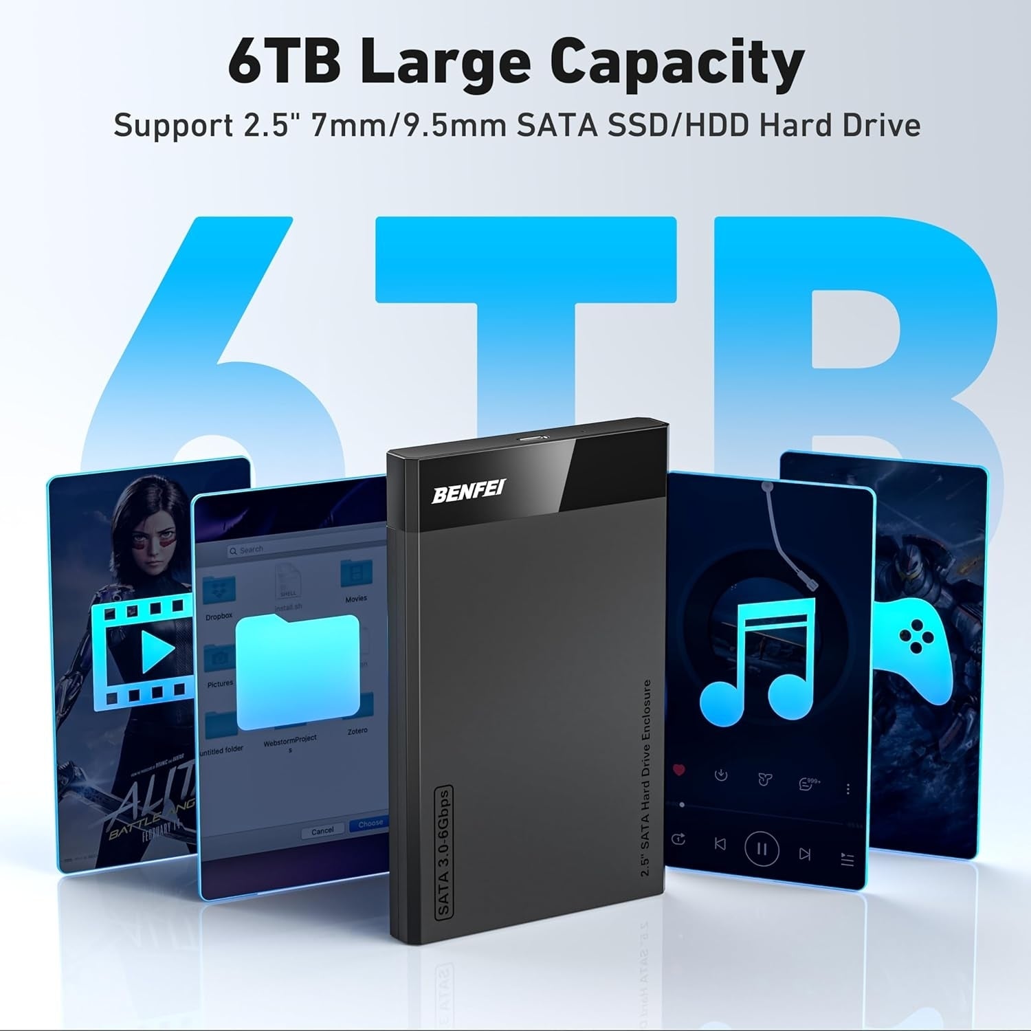 BENFEI 000385BK 2.5 Inch SATA to USB-A + USB-C Tool Free External Hard Drive Enclosure (6Gbps, Optimized for SSD, Support UASP SATA III) - Image 3
