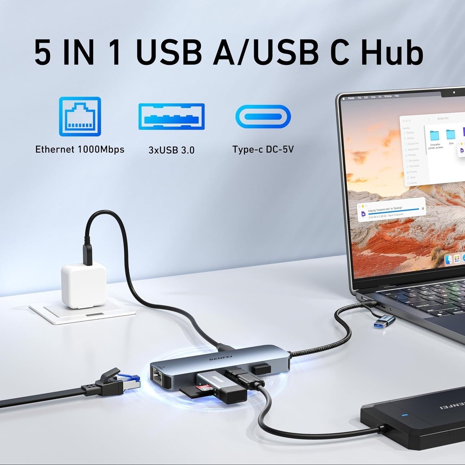 BENFEI 000386GY USB-C + USB 3.0 to Gigabit RJ45 + 3 Port USB 3.0 Hub Compatible with Mac - Image 3