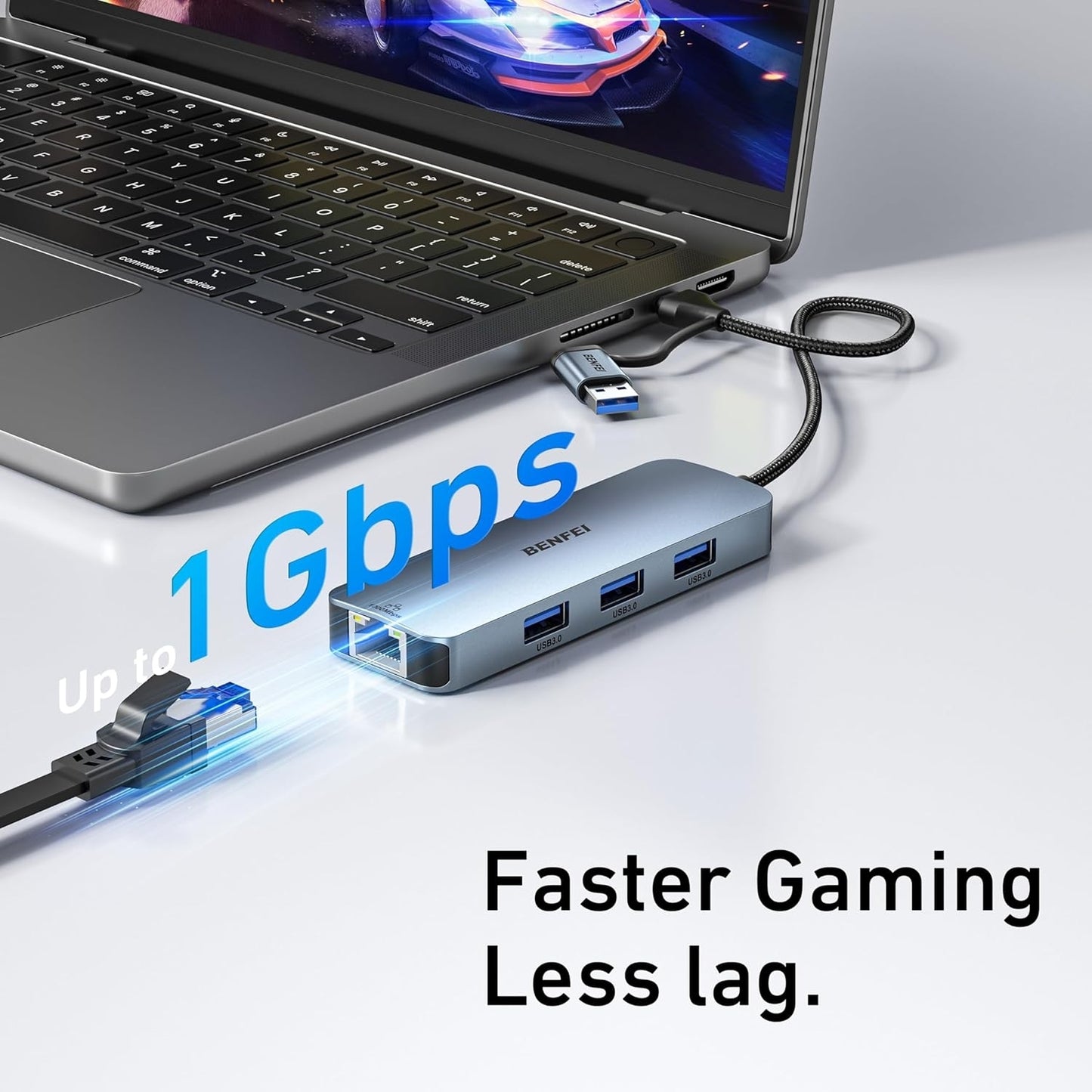BENFEI 000386GY USB-C + USB 3.0 to Gigabit RJ45 + 3 Port USB 3.0 Hub Compatible with Mac - Image 4