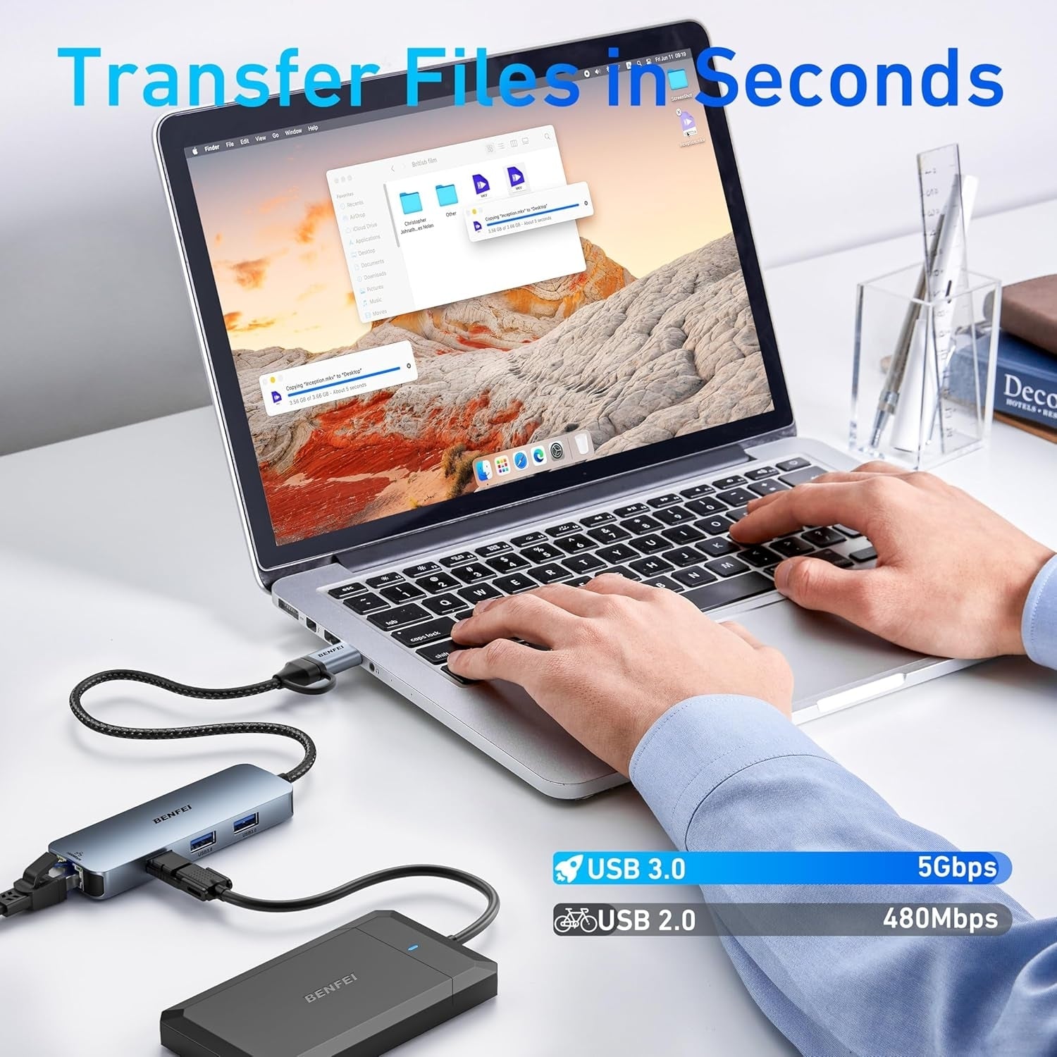 BENFEI 000386GY USB-C + USB 3.0 to Gigabit RJ45 + 3 Port USB 3.0 Hub Compatible with Mac - Image 5