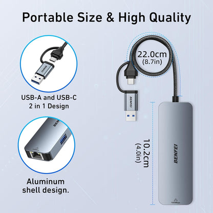 BENFEI 000386GY USB-C + USB 3.0 to Gigabit RJ45 + 3 Port USB 3.0 Hub Compatible with Mac - Image 7