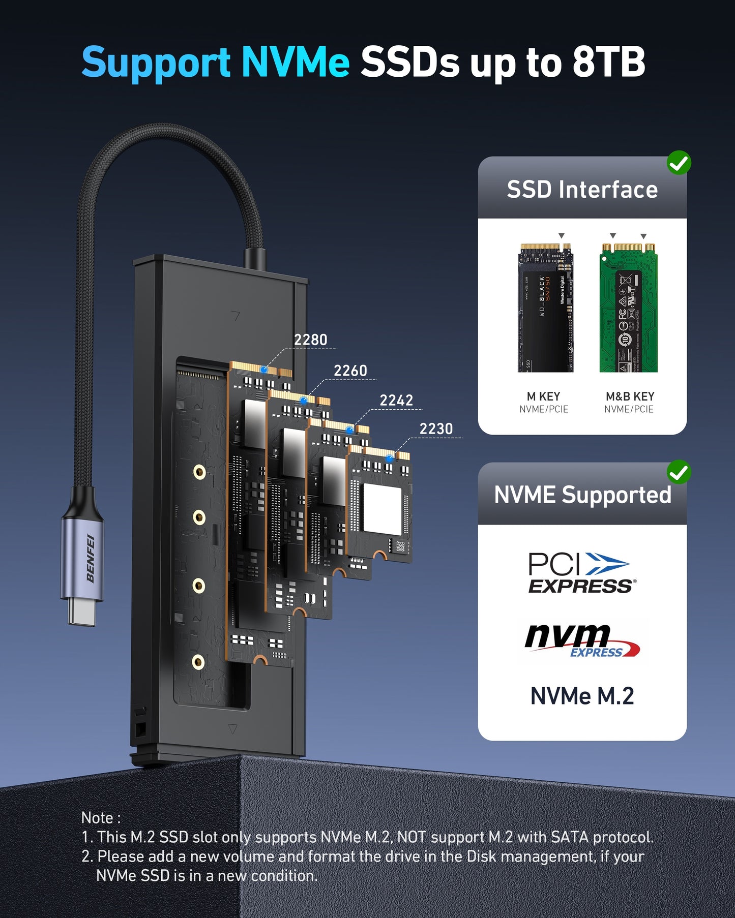 BENFEI 000389GY M.2 NVMe Enclosure with USB-C Hub - Image 5