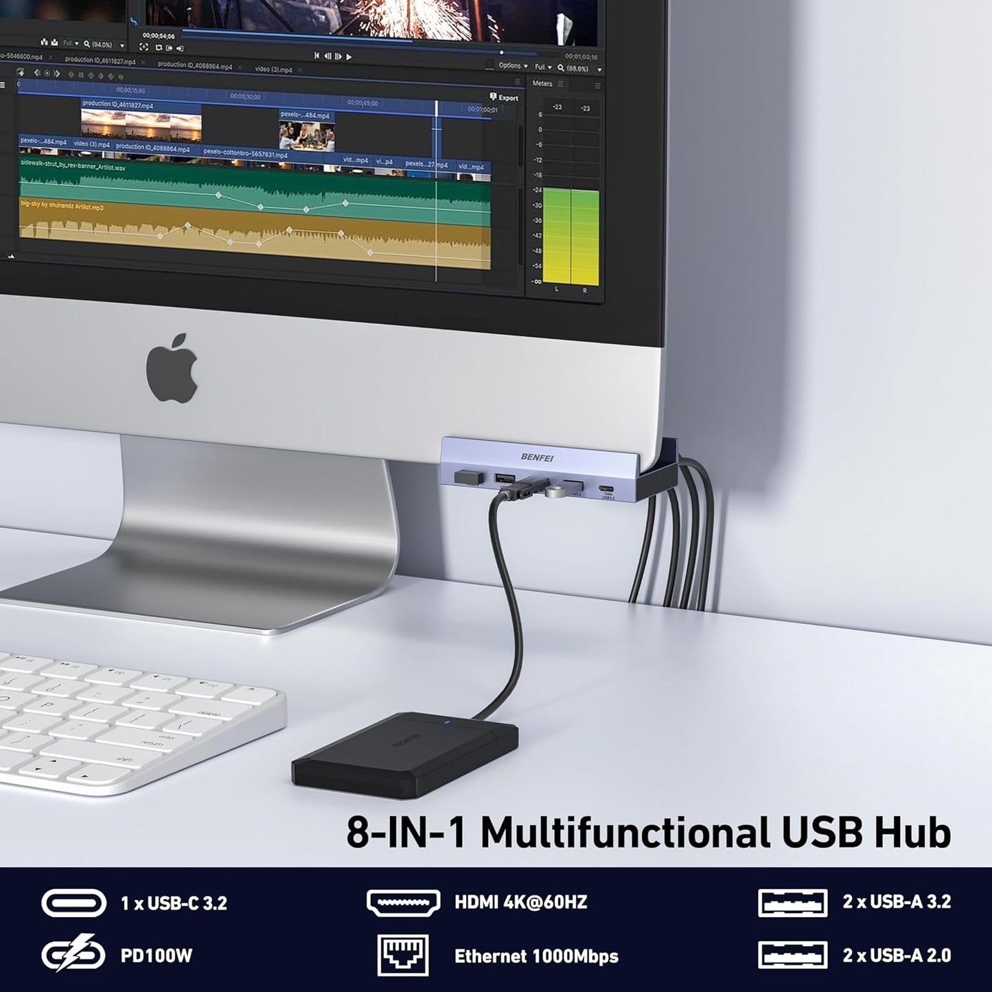 BENFEI 396GY USB-C 8-in-1 Docking HDMI 4K/60Hxz+USB-C(10G)+2xUSB-A(10G)+2xUSB2.0+RJ45+PD100W - Image 3