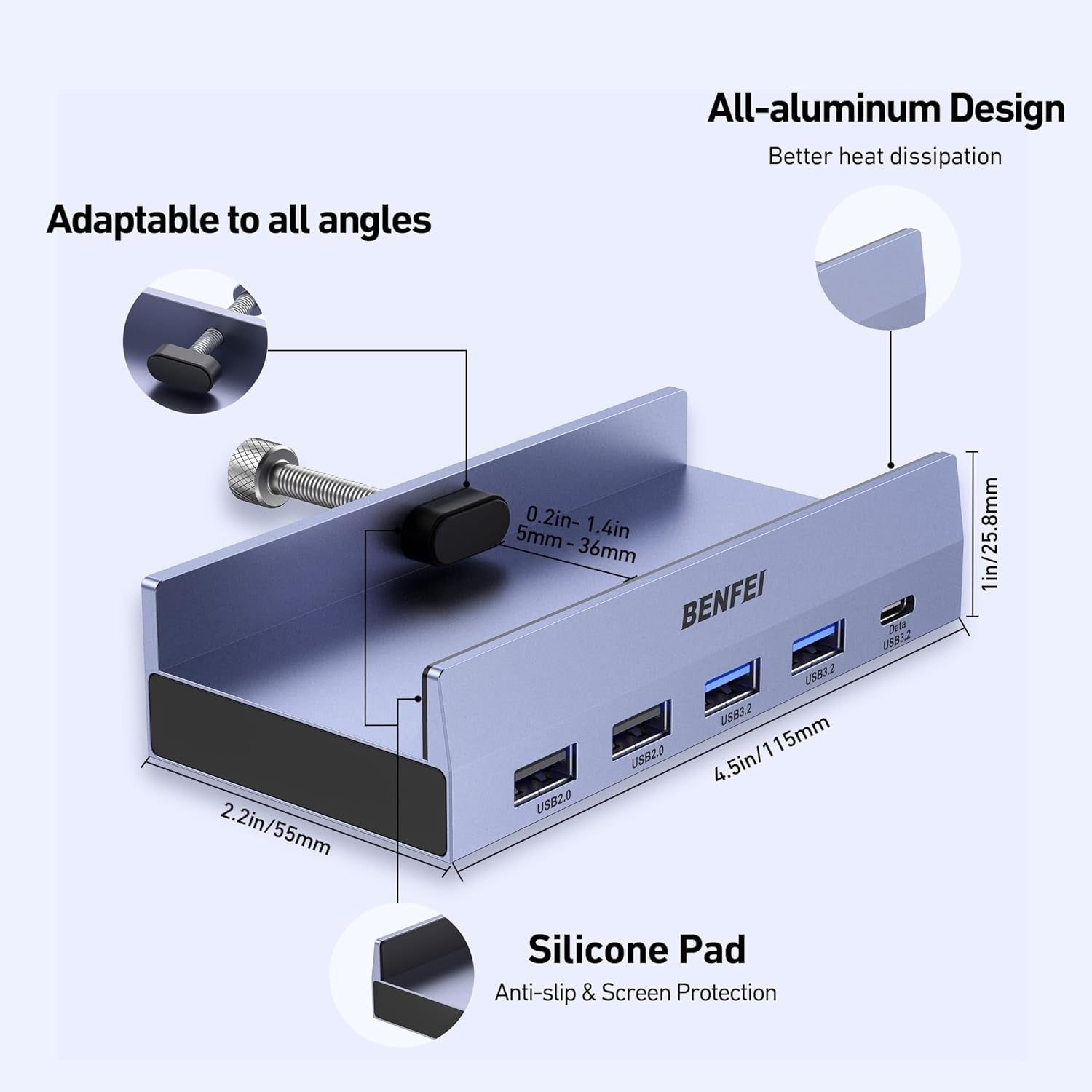 BENFEI 396GY USB-C 8-in-1 Docking HDMI 4K/60Hxz+USB-C(10G)+2xUSB-A(10G)+2xUSB2.0+RJ45+PD100W - Image 4