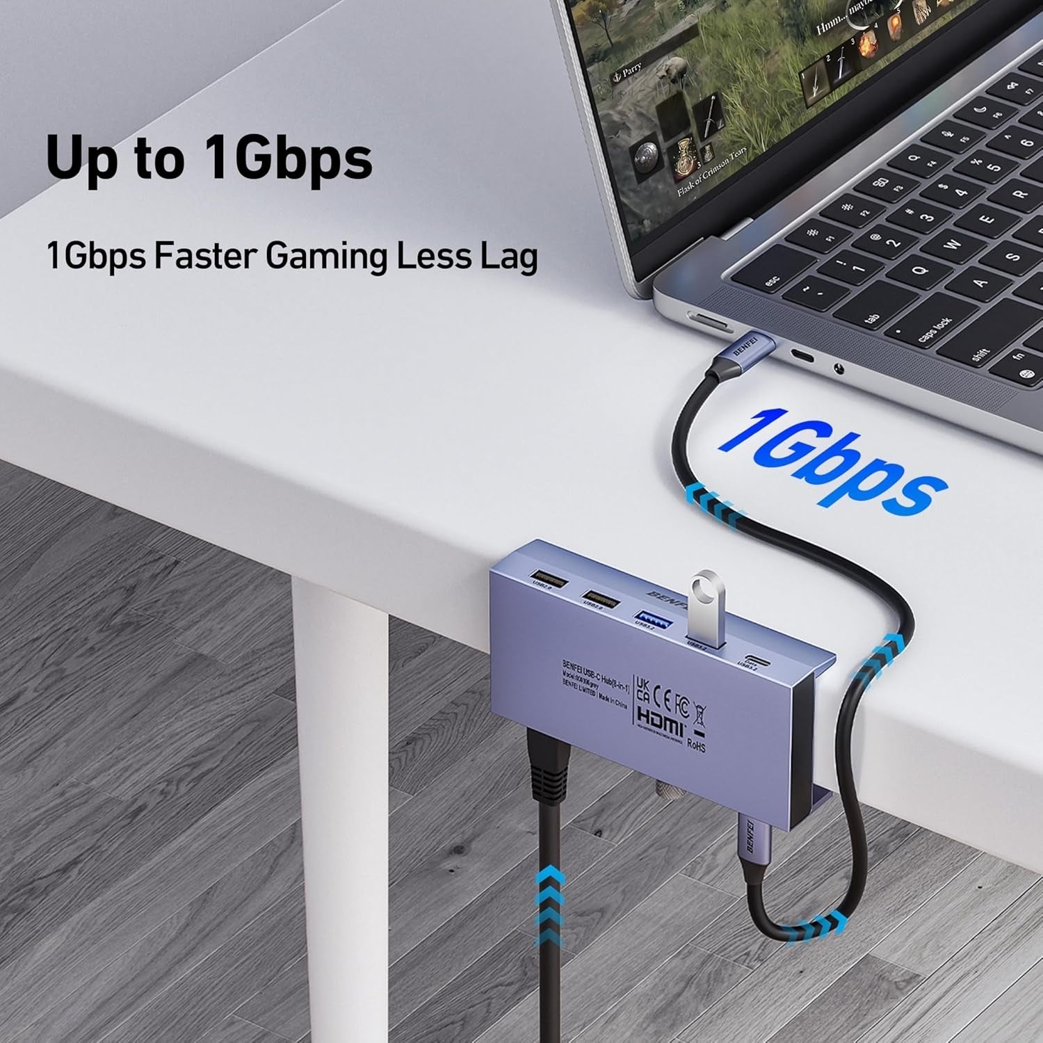 BENFEI 396GY USB-C 8-in-1 Docking HDMI 4K/60Hxz+USB-C(10G)+2xUSB-A(10G)+2xUSB2.0+RJ45+PD100W - Image 5