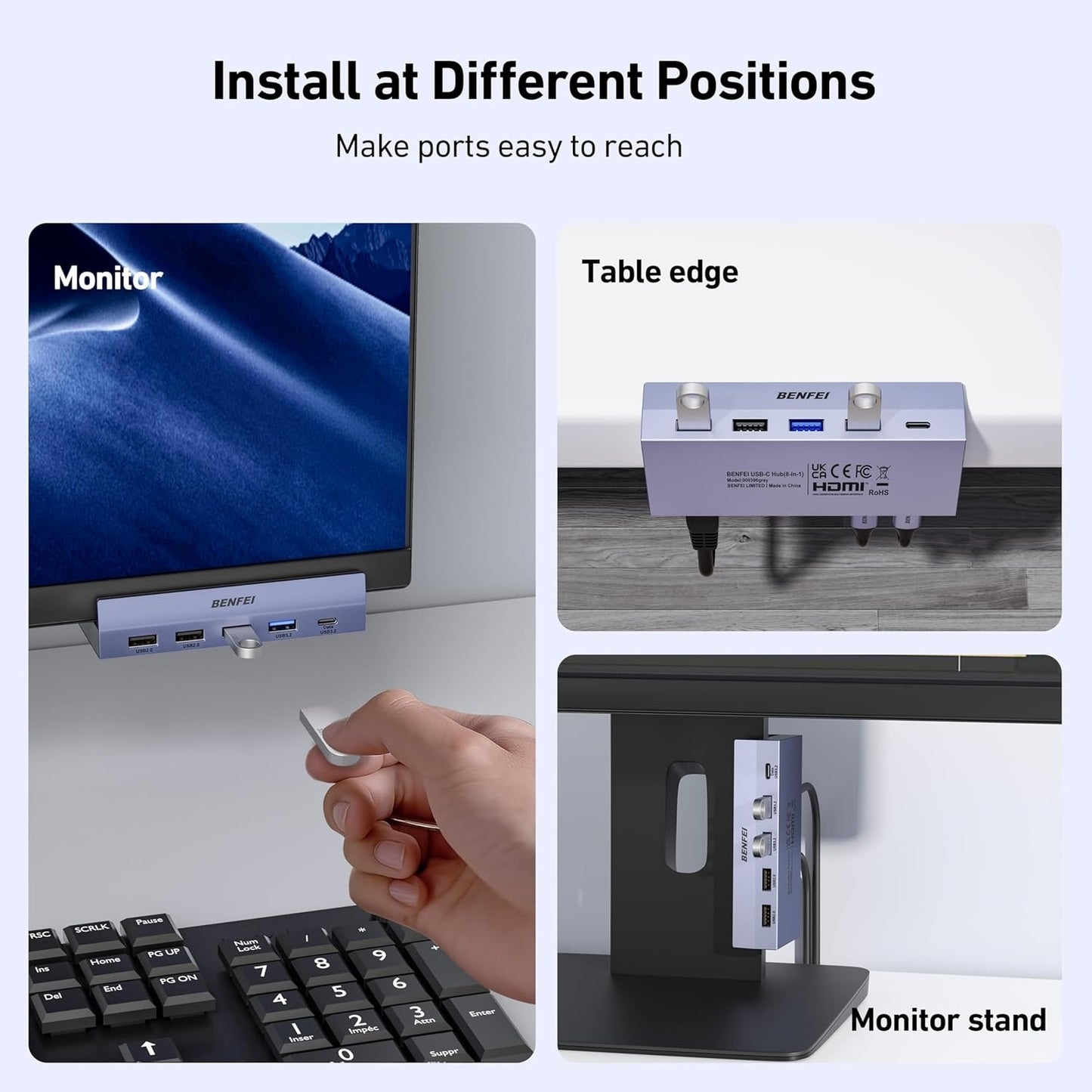 BENFEI 396GY USB-C 8-in-1 Docking HDMI 4K/60Hxz+USB-C(10G)+2xUSB-A(10G)+2xUSB2.0+RJ45+PD100W - Image 6