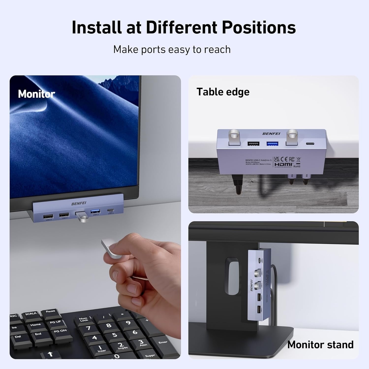 BENFEI 396GY USB-C 8-in-1 Docking HDMI 4K/60Hxz+USB-C(10G)+2xUSB-A(10G)+2xUSB2.0+RJ45+PD100W - Image 6