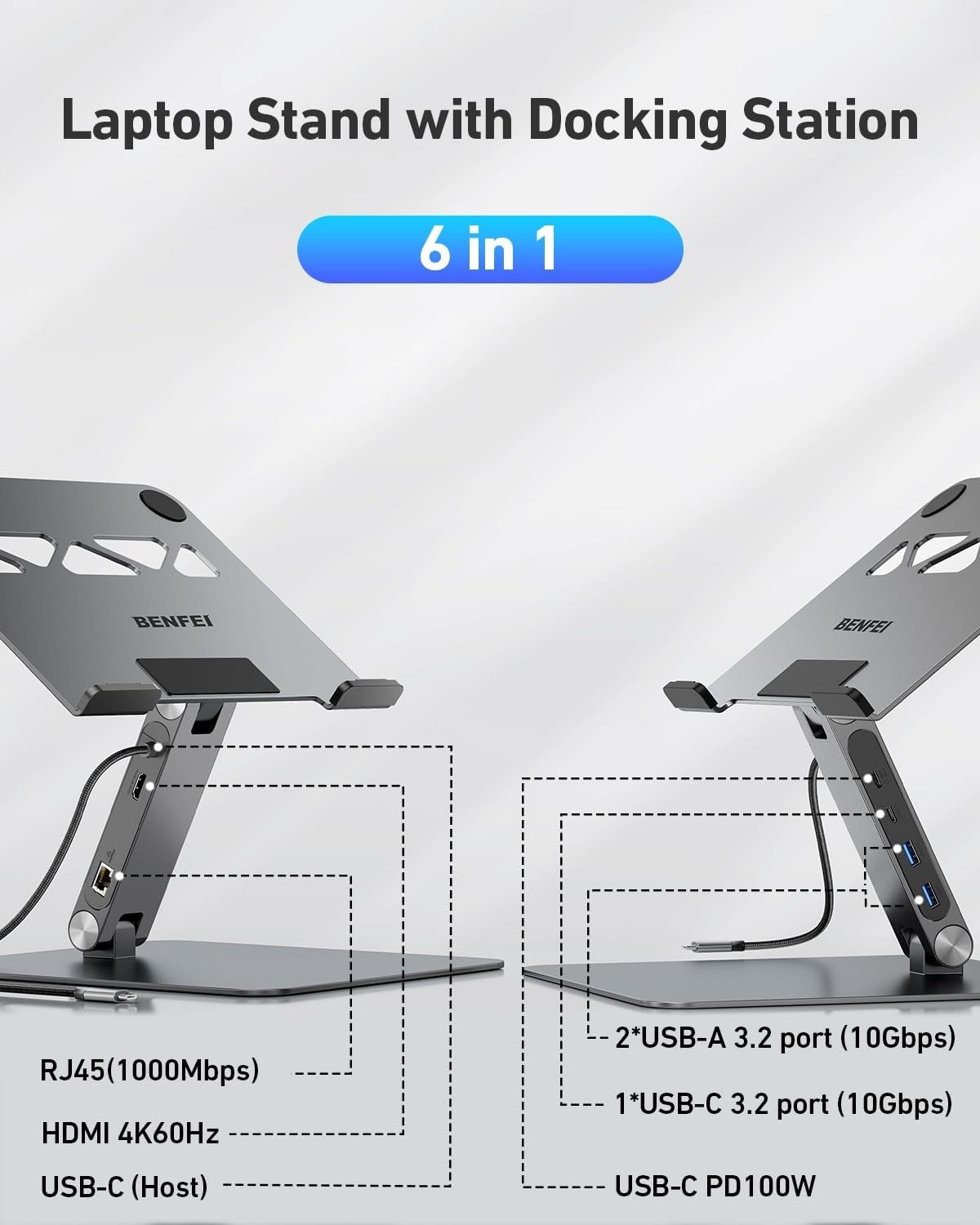 BENFEI 398GY TYPE-C 6-in-1 HDMI+USB-C(10G)+RJ45+2xUSB-A(10G)+PD - Image 3