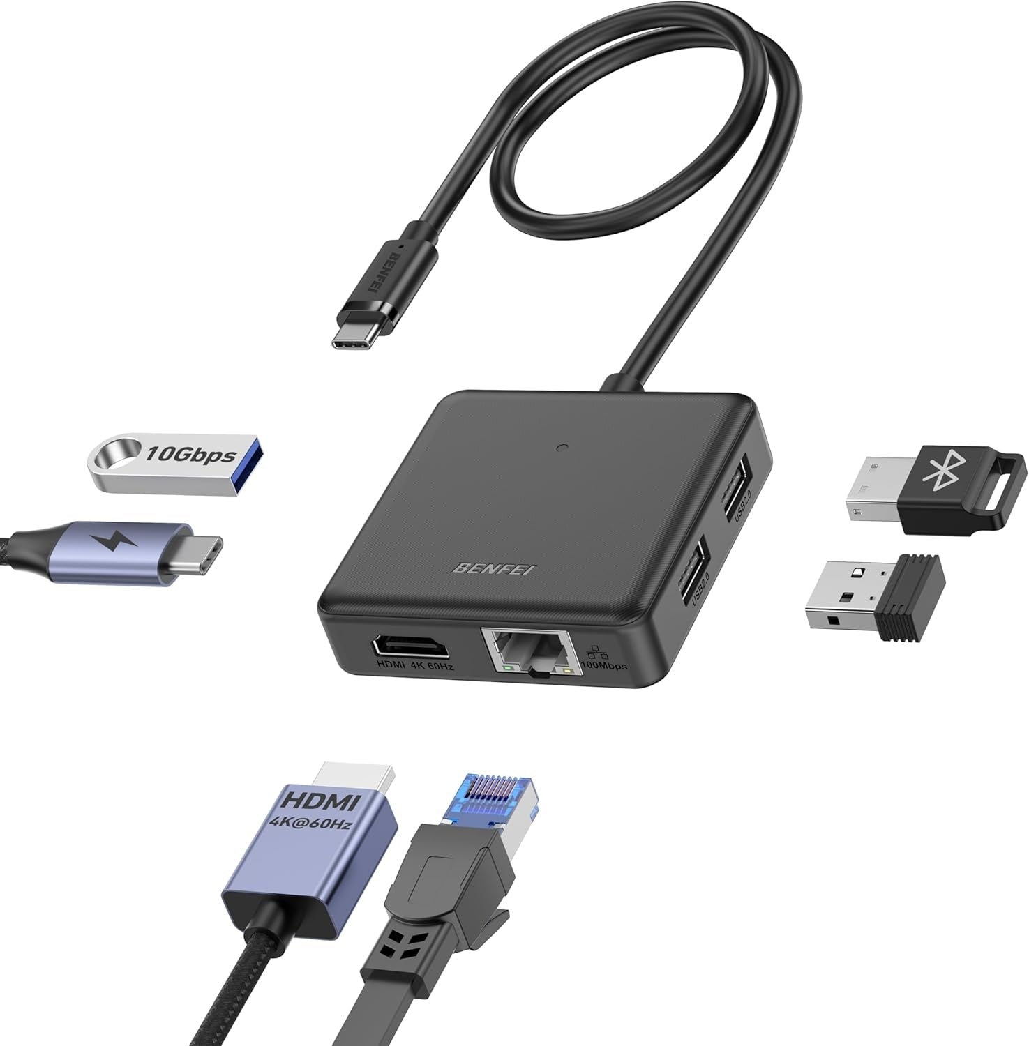 BENFEI 399BK 6-in-1 USB-C HUB to HDMI(8K)+USB3.2(10Gbps)+USB2.0x2+PD100W+RJ45 Black