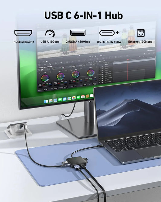 BENFEI 399BK 6-in-1 USB-C HUB to HDMI(8K)+USB3.2(10Gbps)+USB2.0x2+PD100W+RJ45 Black - Image 2