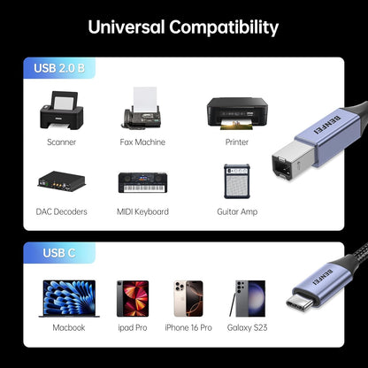 BENFEI 405GY-1M USB B to USB C Printer Cable, Nylon Braided, Premium Aluminium Alloy Case 1M - Image 2