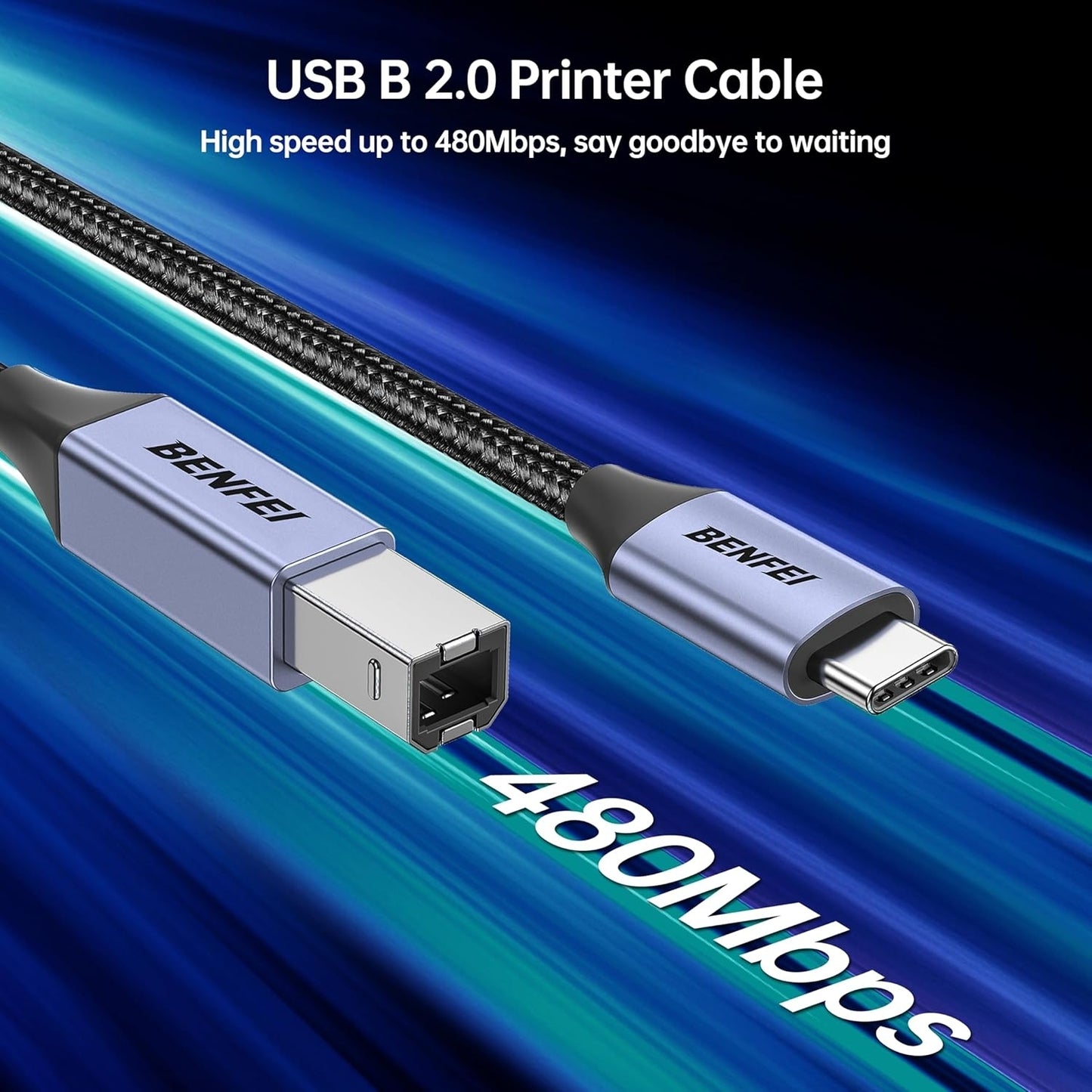 BENFEI 405GY-1M USB B to USB C Printer Cable, Nylon Braided, Premium Aluminium Alloy Case 1M - Image 3