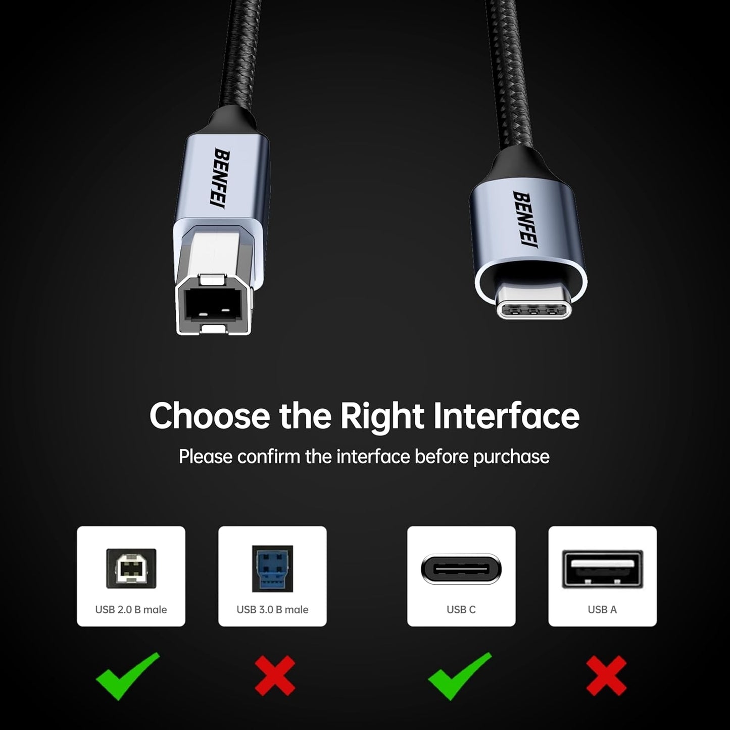 BENFEI 405GY-3M USB B to USB C Printer Cable, Nylon Braided, Premium Aluminium Alloy Case 2M - Image 5