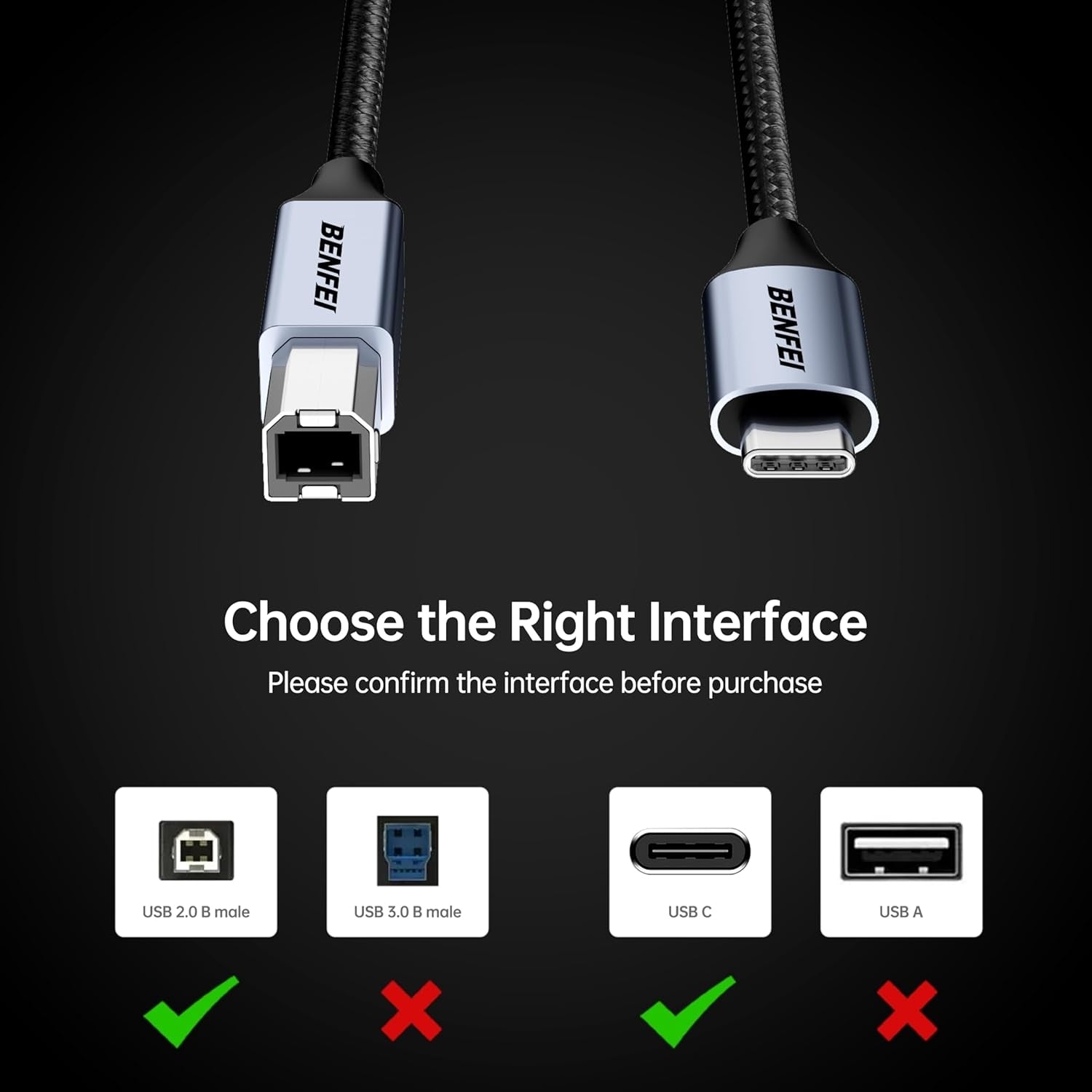 BENFEI 405GY-3M USB B to USB C Printer Cable, Nylon Braided, Premium Aluminium Alloy Case 2M - Image 5