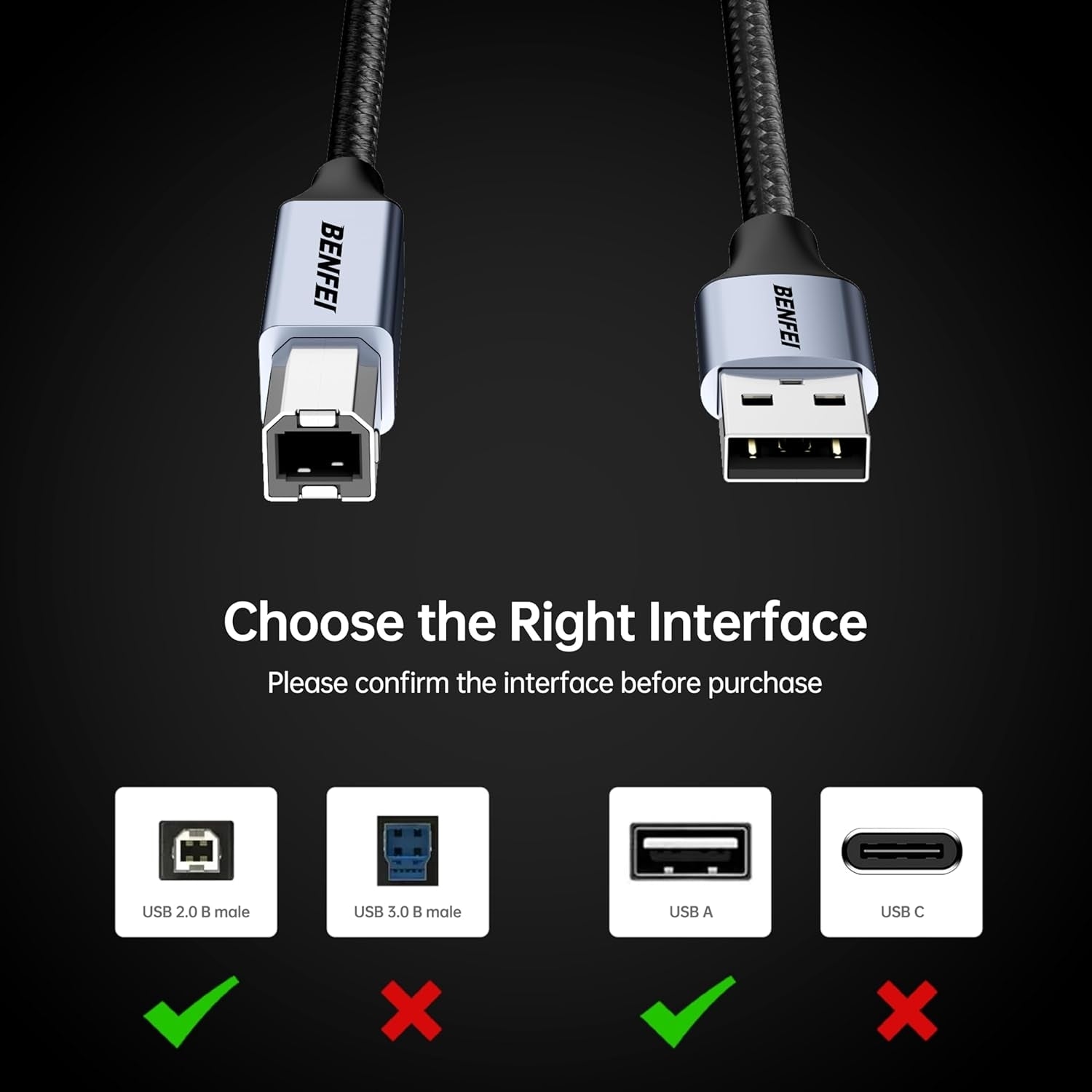 BENFEI 000406GY-2M USB Printer Cable, 6.6 FT/2 Meter USB A to USB B Cable - Image 7