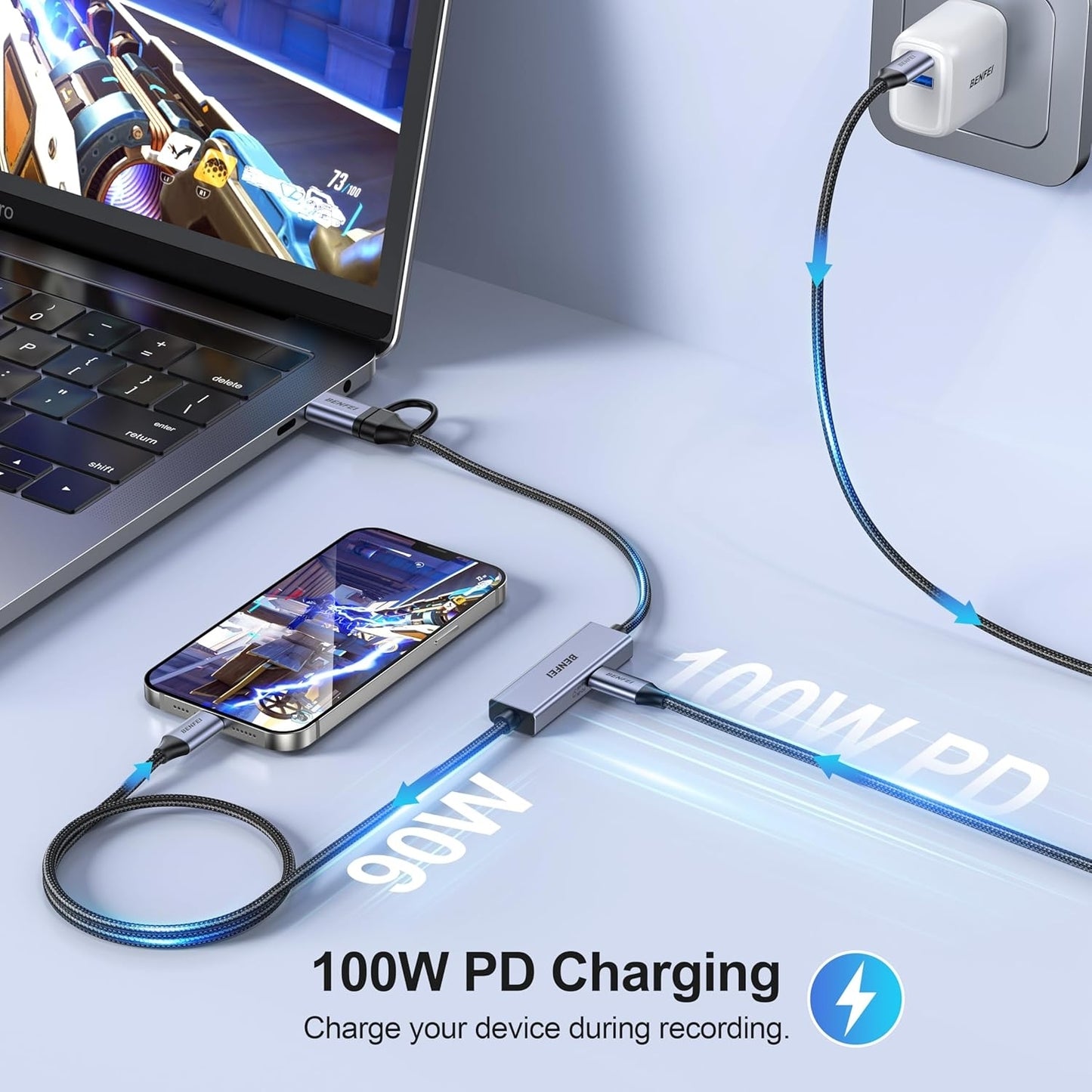 BENFEI 408GY USB-C to USB-C+A + PD (100W) Video/Audio Capture Card Supporting Full HD 1080P 60FPS for Streaming, Recording, Gaming - Image 2