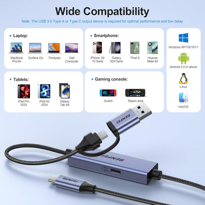 BENFEI 408GY USB-C to USB-C+A + PD (100W) Video/Audio Capture Card Supporting Full HD 1080P 60FPS for Streaming, Recording, Gaming - Image 6