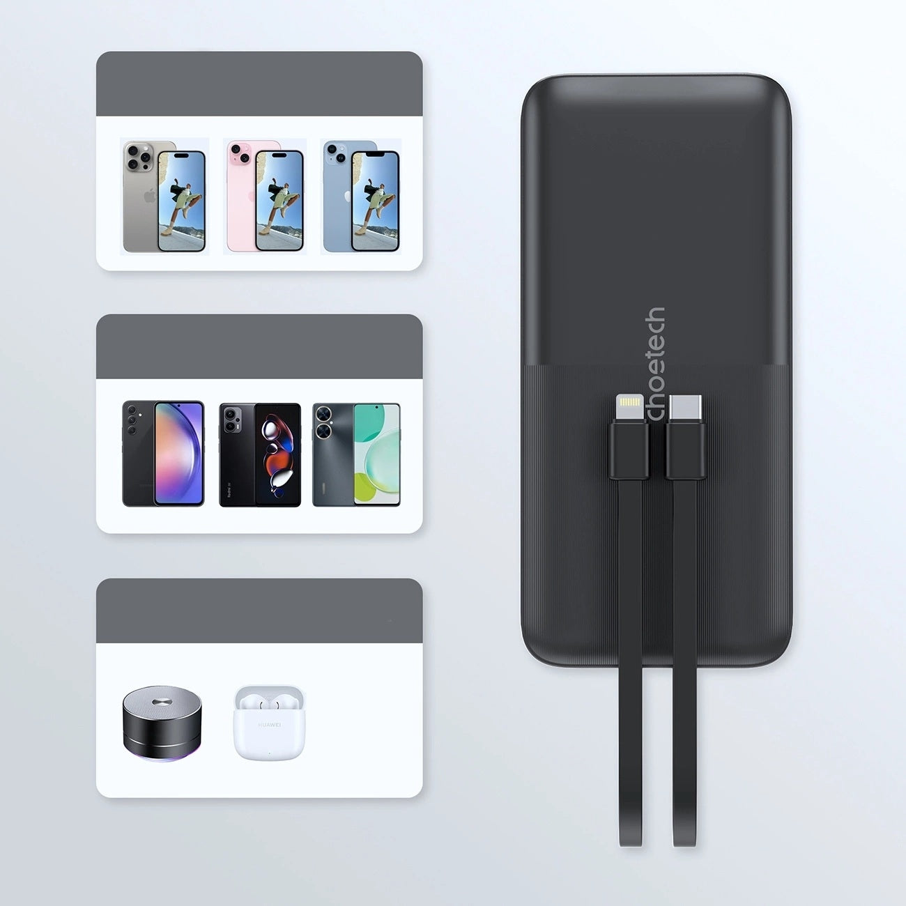 CHOETECH B654 10000mAh Pwer Bank 22.5W USB-A / USB-C / micro USB with built-in USB-C / Lightning cable - black - Image 4
