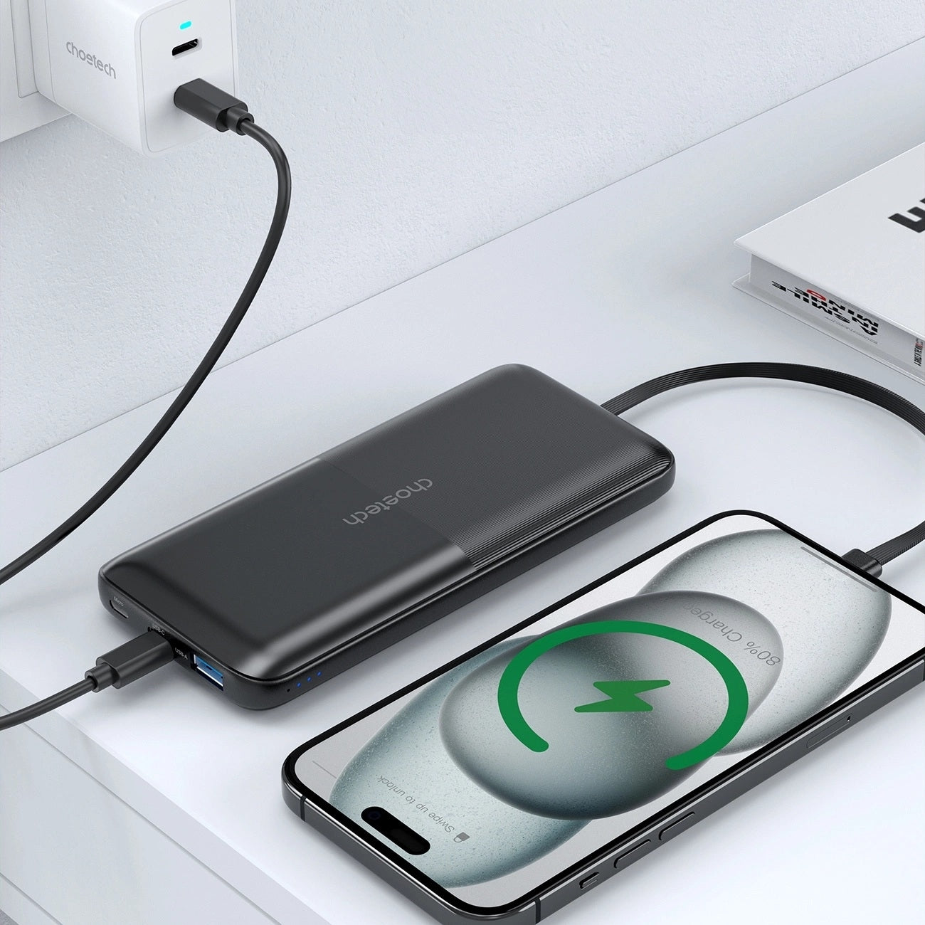 CHOETECH B654 10000mAh Pwer Bank 22.5W USB-A / USB-C / micro USB with built-in USB-C / Lightning cable - black - Image 6