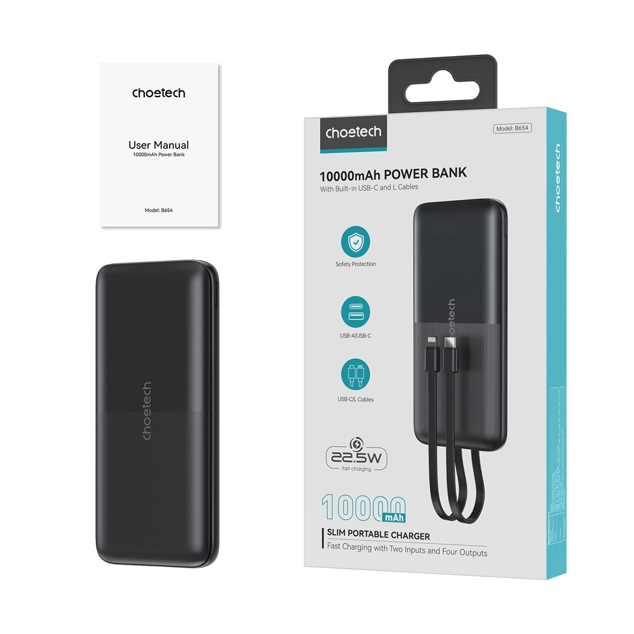 CHOETECH B654 10000mAh Pwer Bank 22.5W USB-A / USB-C / micro USB with built-in USB-C / Lightning cable - black - Image 7